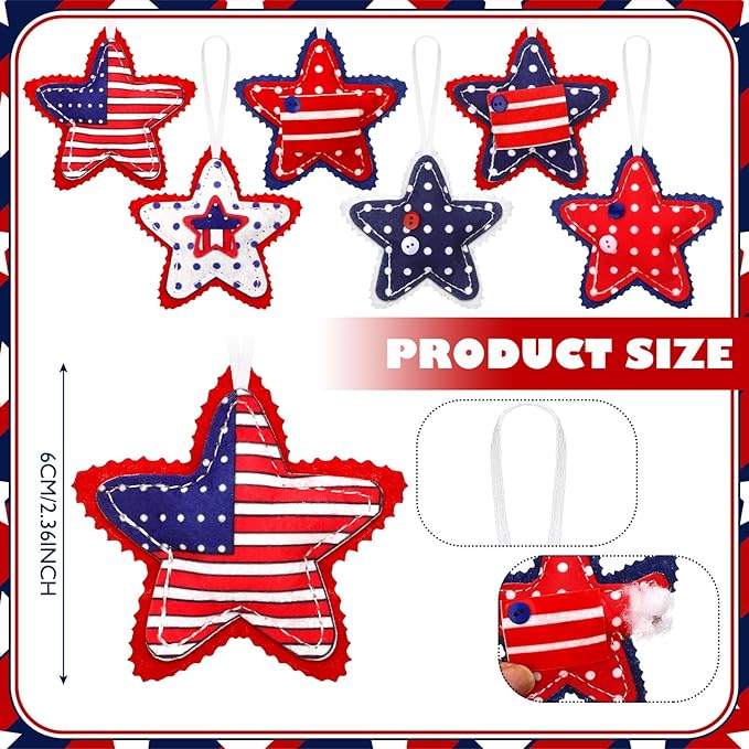 18 Pcs Memorial Day Star Felt Ornaments Patriotic 4th of July Hanging Stars 3.14 Inch White Red Blue Independence Day Tree Decorations for Memorial Veteran Day Party Decor(Stylish Style)