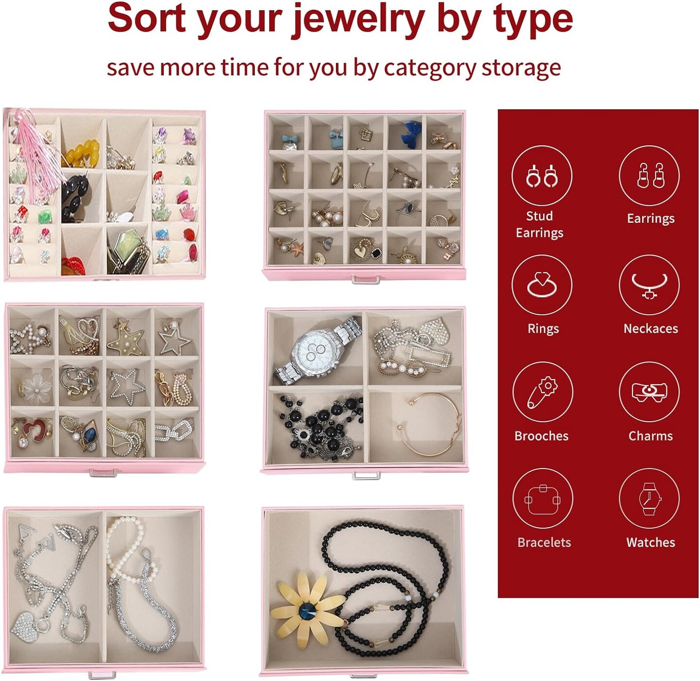 Jewelry Box For women, 6 Layer Large Jewelry Organizer With Mirror, Multi-Function Storage Box With Lock, Accessory Holder With 5 Drawers, For Earrings Necklace Ring Bracelet (Pink)