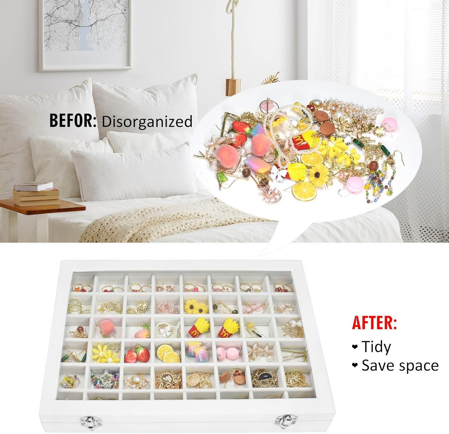 Velvet Jewelry Tray 48 Compartments Jewelry Display Organizer with Transparent Cover Rings, Earrings, Necklaces, Pendants Storage Box for Girls, Wives, Mothers, Women