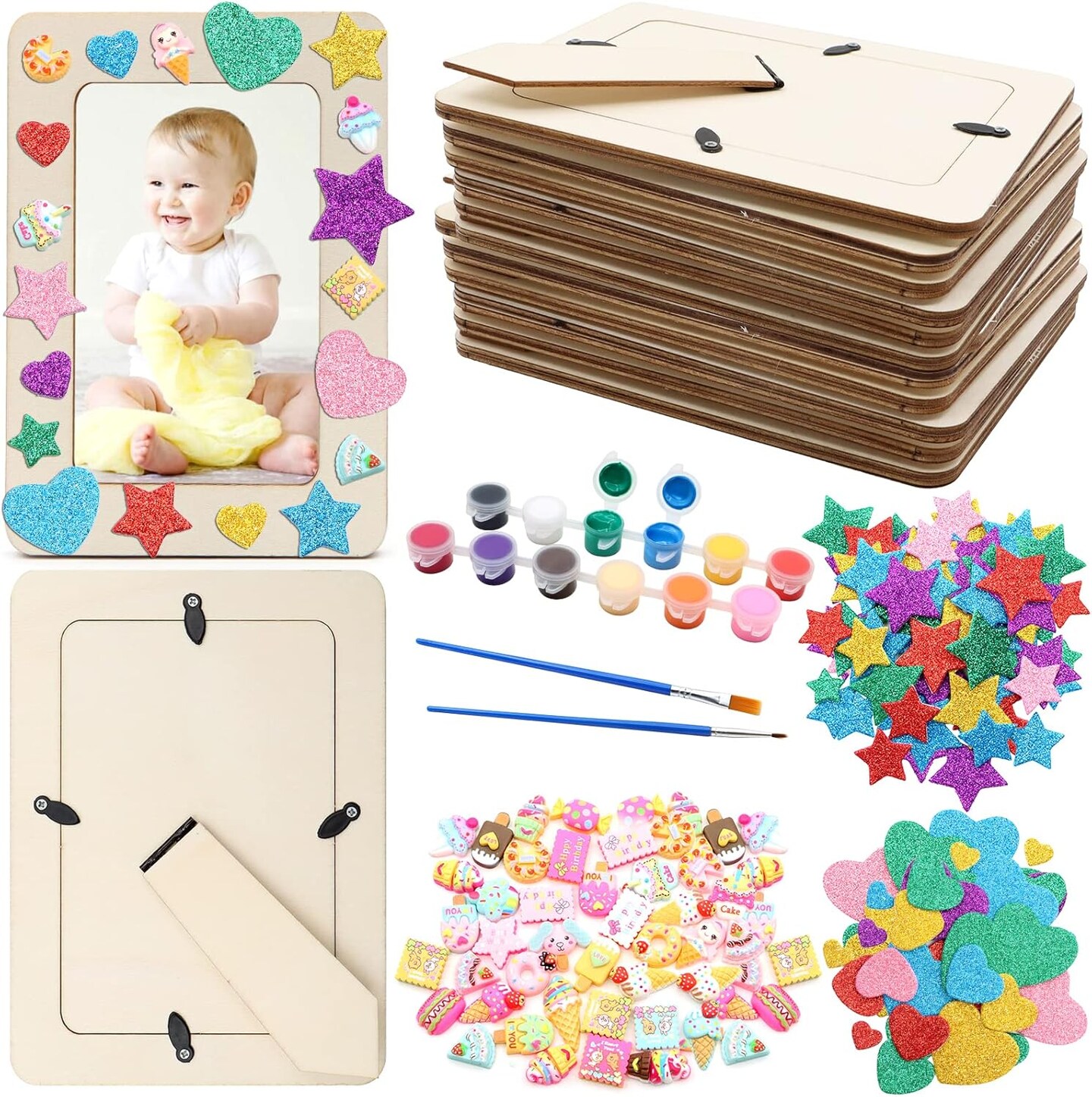 12 Packs Picture Frame Painting Craft Kit, ZYNERY 7.5 x 5.5 inch DIY Unfinished Wooden Photo Frames with Painting Tools Set, Hearts Stars Eva Sticke, Resin Accessories for Kids Craft, Paint