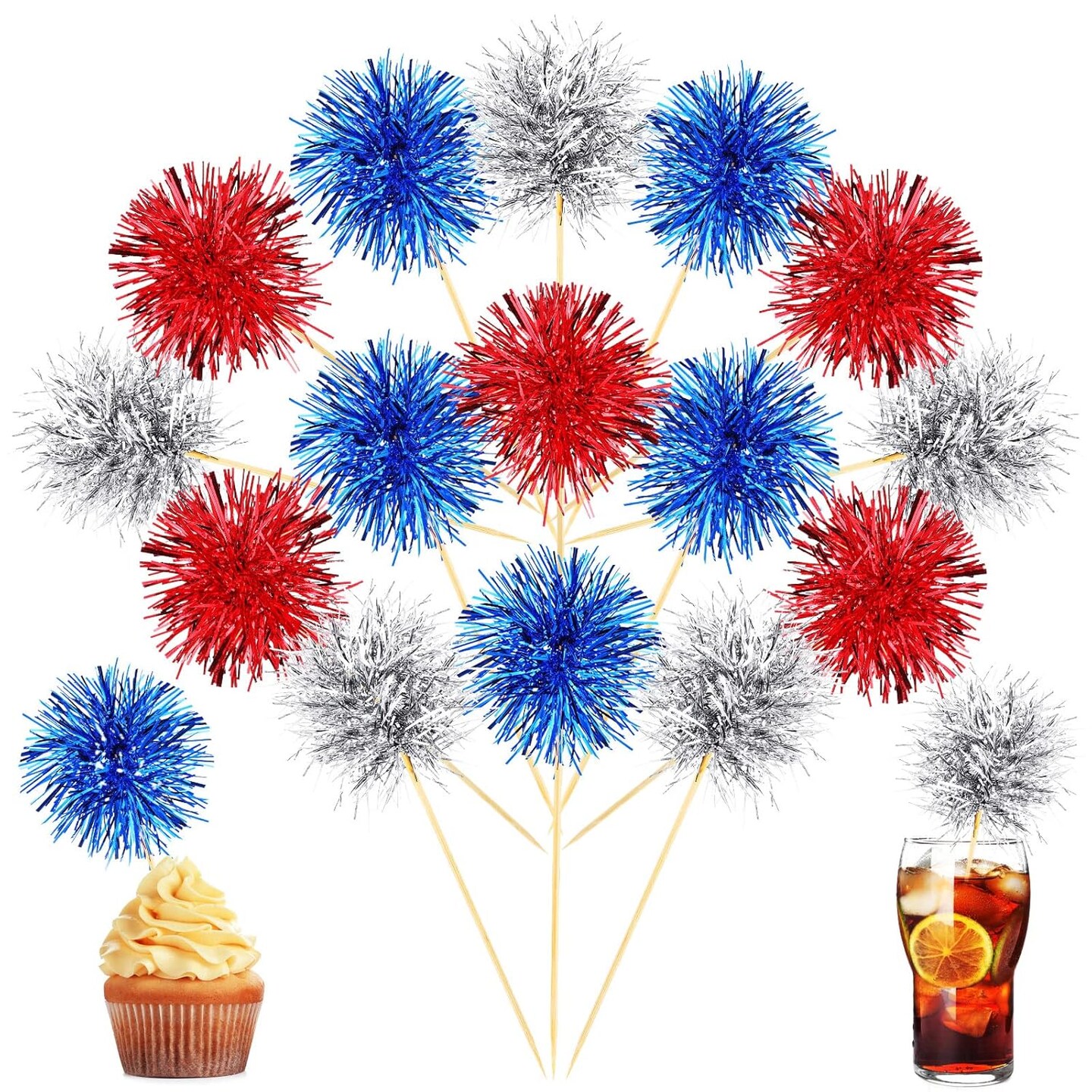 100 Pcs Foil Firework Cupcake Toppers Sparkle Tinsel Cake Toppers Cake Decoration Cocktail Fruit Toothpick for Birthday Wedding Graduation Party(Silver, Red, Blue)
