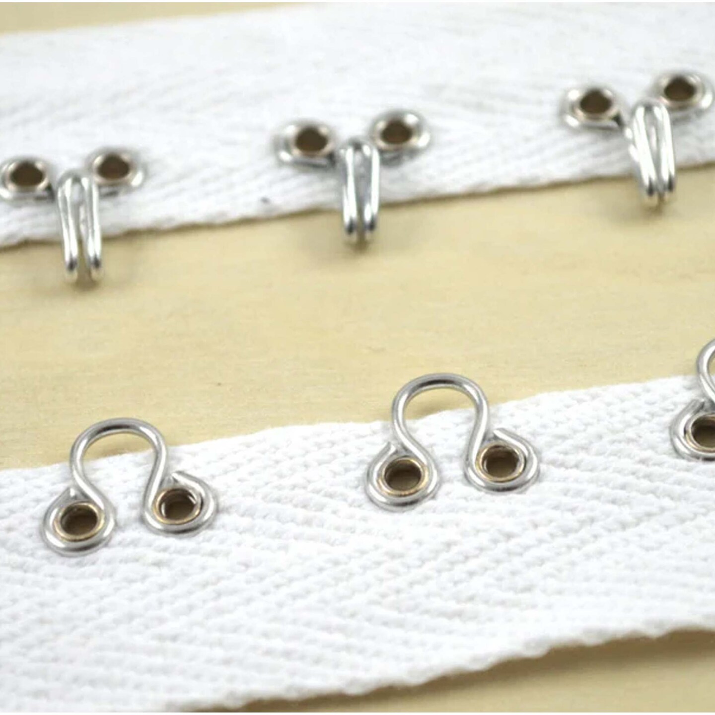 White and Silver 7/8" Heavy Duty Hook & Eye Cotton Tape Black Twill Trim with Silver Metal Closures