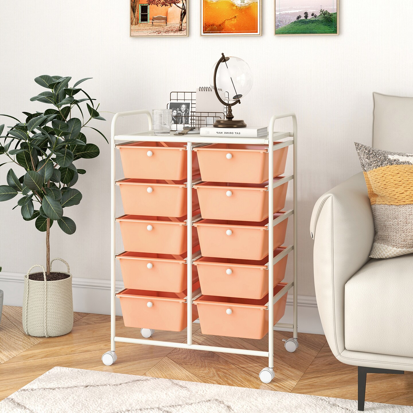 Rolling Storage Organizer Cart with 10 Drawers and Mesh Top Shelf