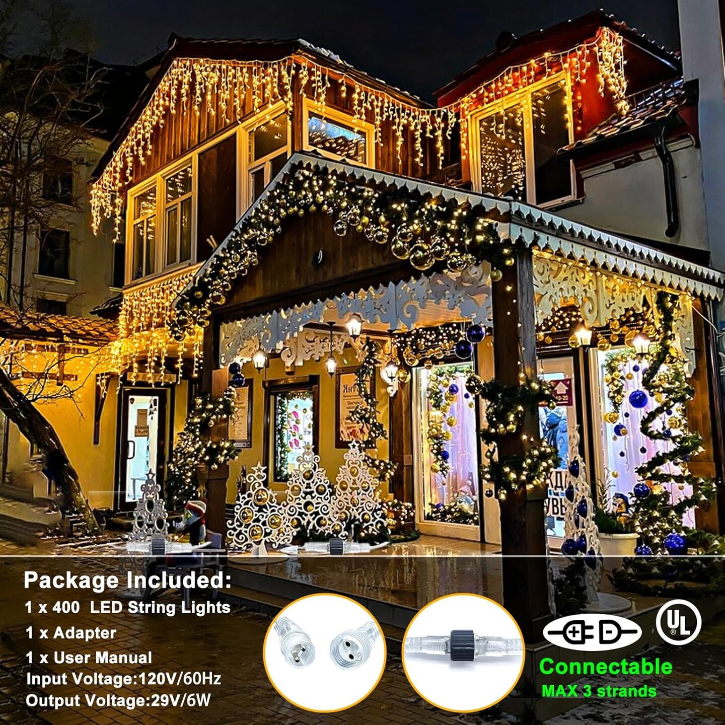 400 LED Christmas Lights Outdoor Waterproof, 33ft Icicle Lights for Outside 8 Modes with 75 Drops, Plug in Icicle Christmas Light Outdoor