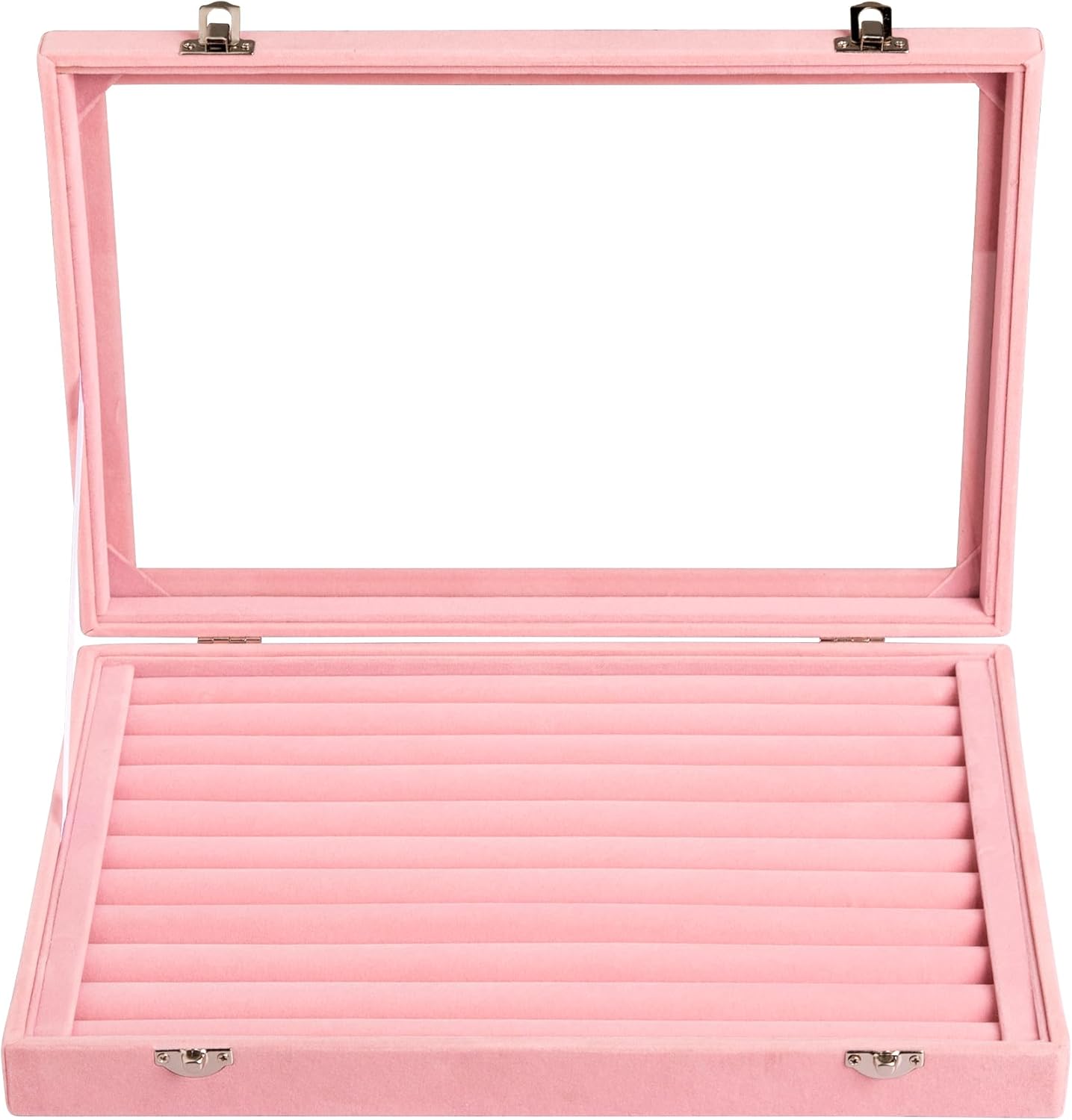 Pink Velvet Jewelry Organizer Tray with Clear Glass Lid – 10-Slot Ring & Earring Display Case for Women and Girls
