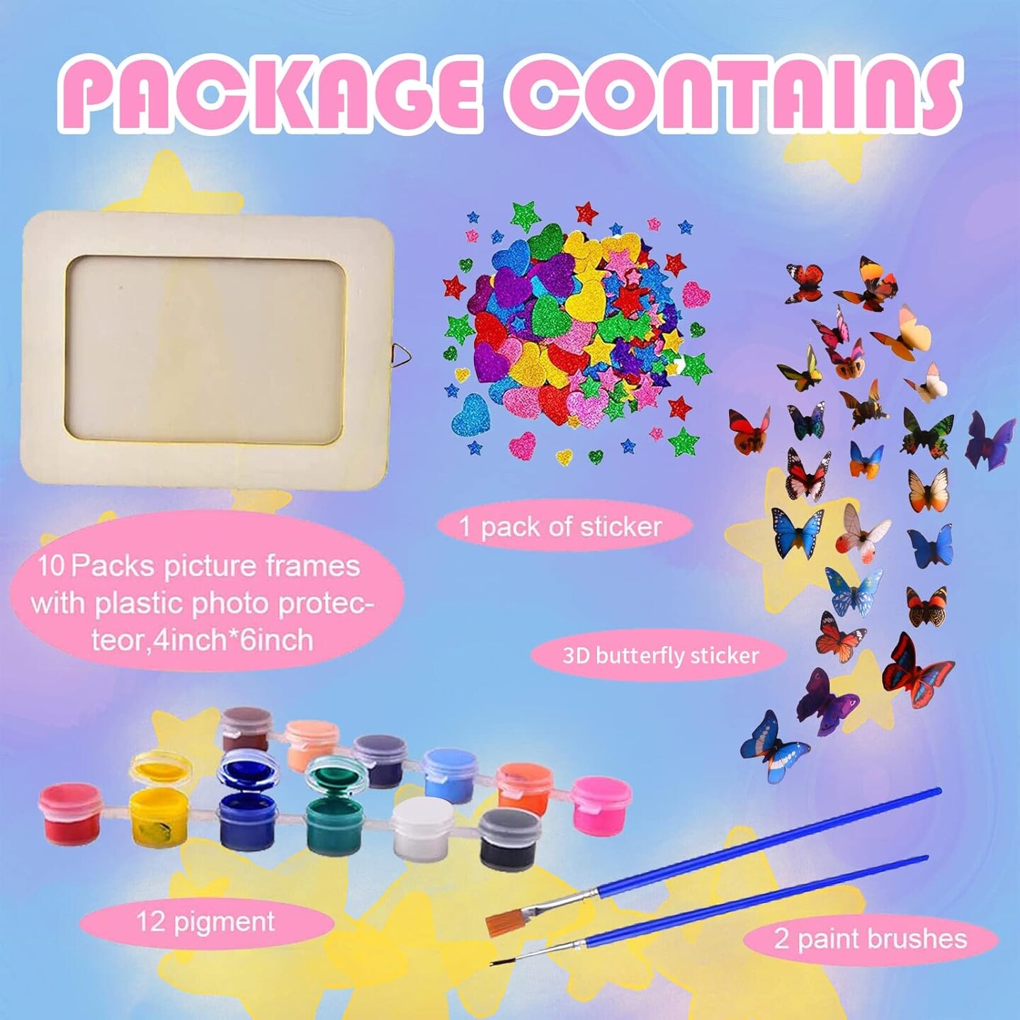 10 Pack Picture Frame Painting Craft Kit, 6'' x 8'' DIY Blank Wooden Photo Frames with Stand, Painting Set, 3D Butterfly and Glitter Eva Stickers for Father Day Gift, Kids Craft, Paint and Decorate