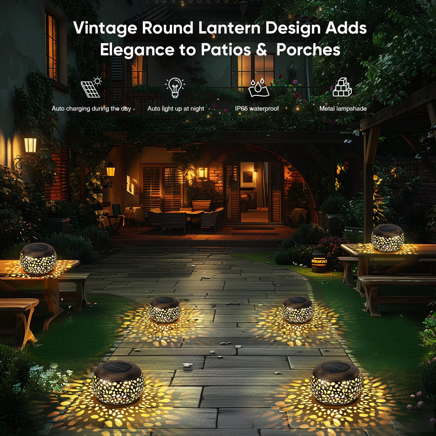 Solar Lanterns Waterproof Outdoor Decor: 2 Pack Hollow Out Retro Metal Solar Lights, Unique Gardening Gifts for Women Mom, Outside Garden Yard Porch Lawn Indoor Tabletop Decorations, 2 Lighting Colors