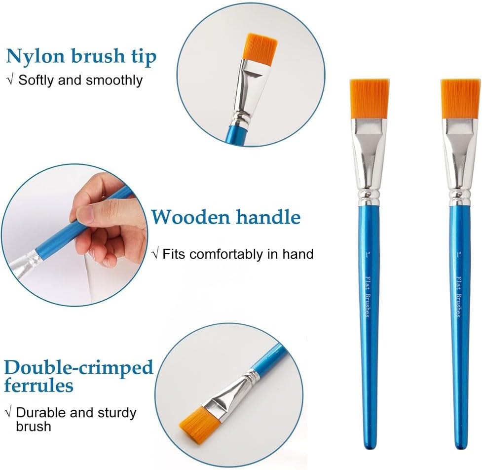 14 Pcs 1 Inch Flat Paint Brushes - Synthetic Nylon Hair Artist Brushes Bulk for Acrylic, Oil, Watercolor - Wooden Handle Professional Painting Brushes for Canvas, Detail Work, Base Coating &#x26; Crafts