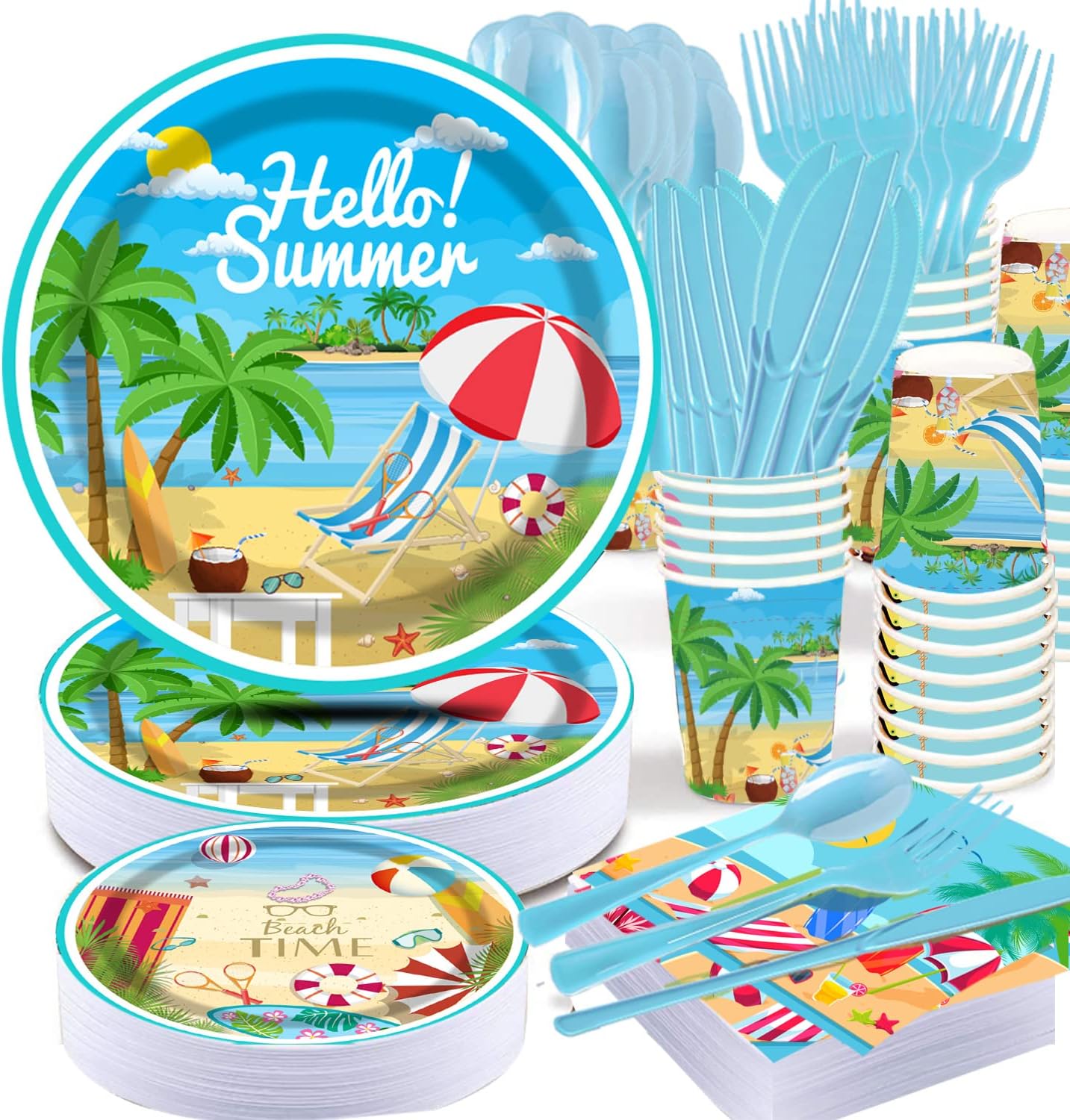 177 pcs Beach Party Supply Disposable Tableware Set with Tablecloth Paper Plates Napkins Cups Plastic Forks Knives Spoons
