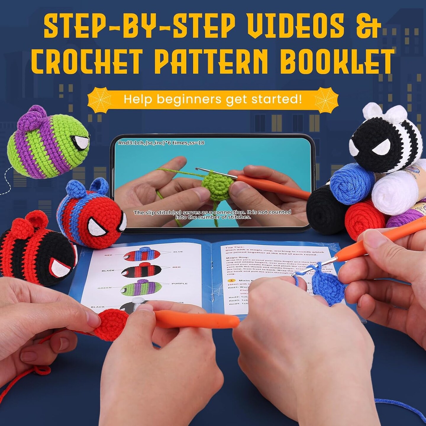 Beginner Crochet Kit for Adults Kids Women Men Complete Kit Included (4 Cool Bees)