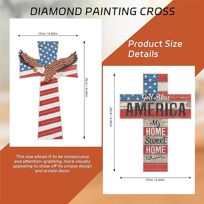 2 Pack Cross Diamond Painting Kits 5D DIY Diamond Painting Cross Special Shaped Diamond Art Kit Patriotic Flag Hanging Wall Home Decor with Tools for Adults
