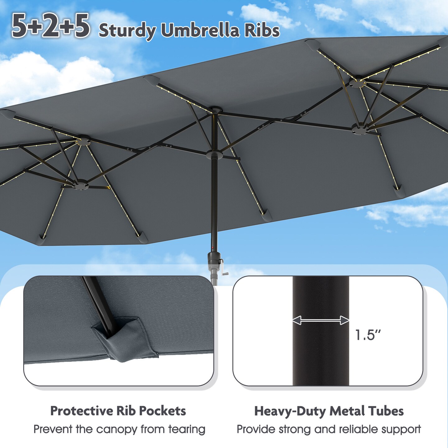 LED Patio Umbrella, Solar-Powered Double Canopy with Crank Handle