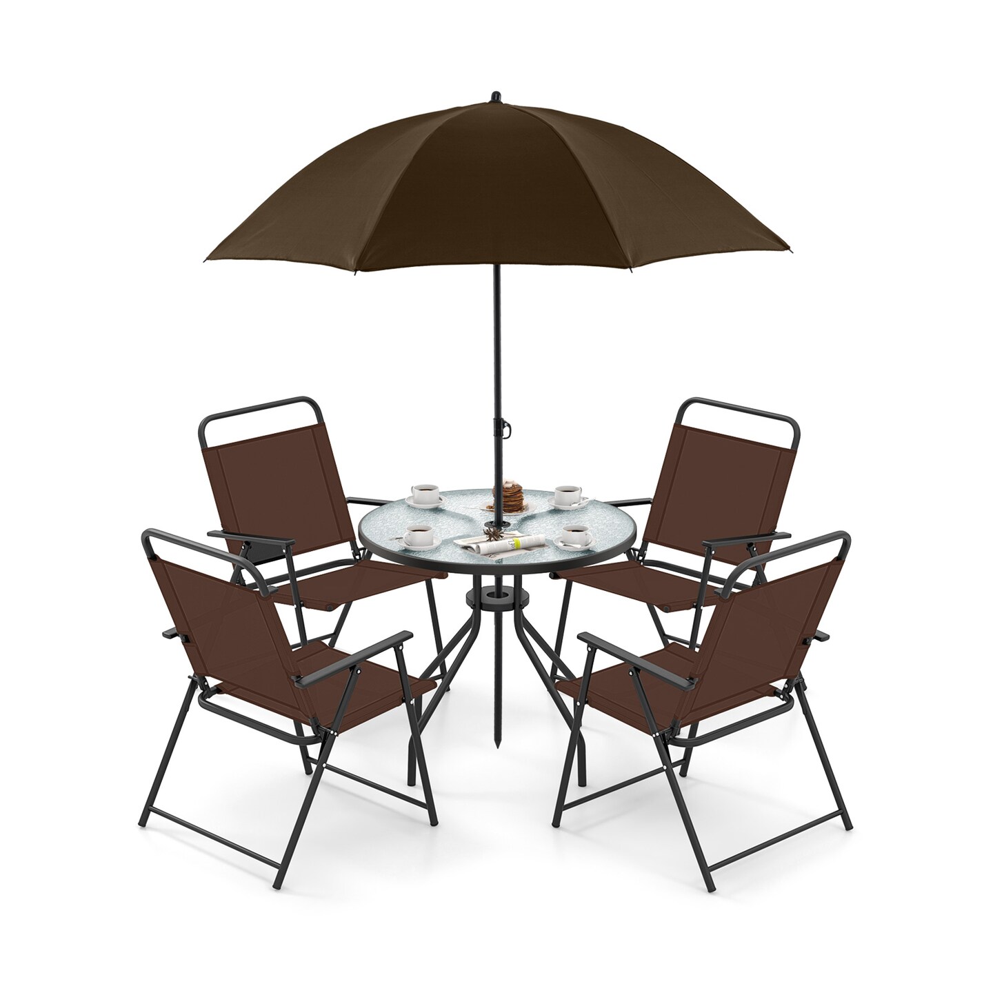 6-Piece Coffee Patio Set with Folding Chairs, Tempered Glass Table & 71