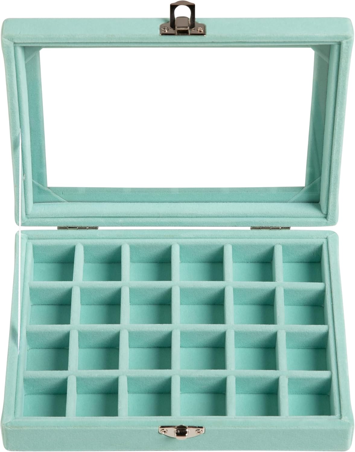 24 Grid Jewelry Tray,Velvet Stud Earring Organizer,Small Jewelry Organizer with Clear Lid,Lockable Earring Holder Organizer Jewelry Storage Boxes & Organizer Ring Holder for Women & Girls(Turquoise)