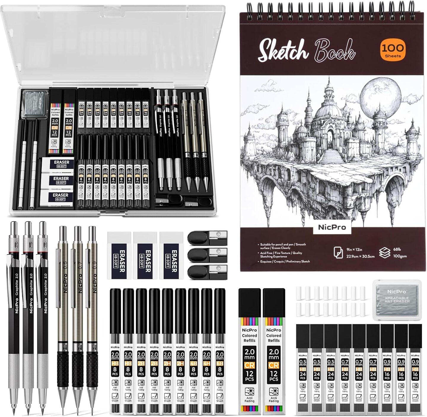 Art Drawing Supplies Kit, Art Mechanical Pencil Set with 6 Metal Drafting Pencil 0.5 &#x26; 0.7 &#x26; 0.9 &#x26; 2mm, 100 Sheets 9 x 12&#x27;&#x27; Sketch Book, 20 Tube Lead Refills for Sketching