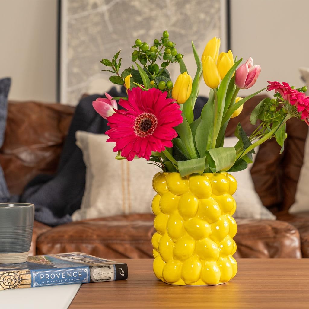 Lemon Vase -7 Inch Tall Yellow Ceramic Mediterranean Style Tabletop Vase Holder with 3D Lemon Design- Lemon Kitchen Decor Inspire - Lemon Themed Gifts