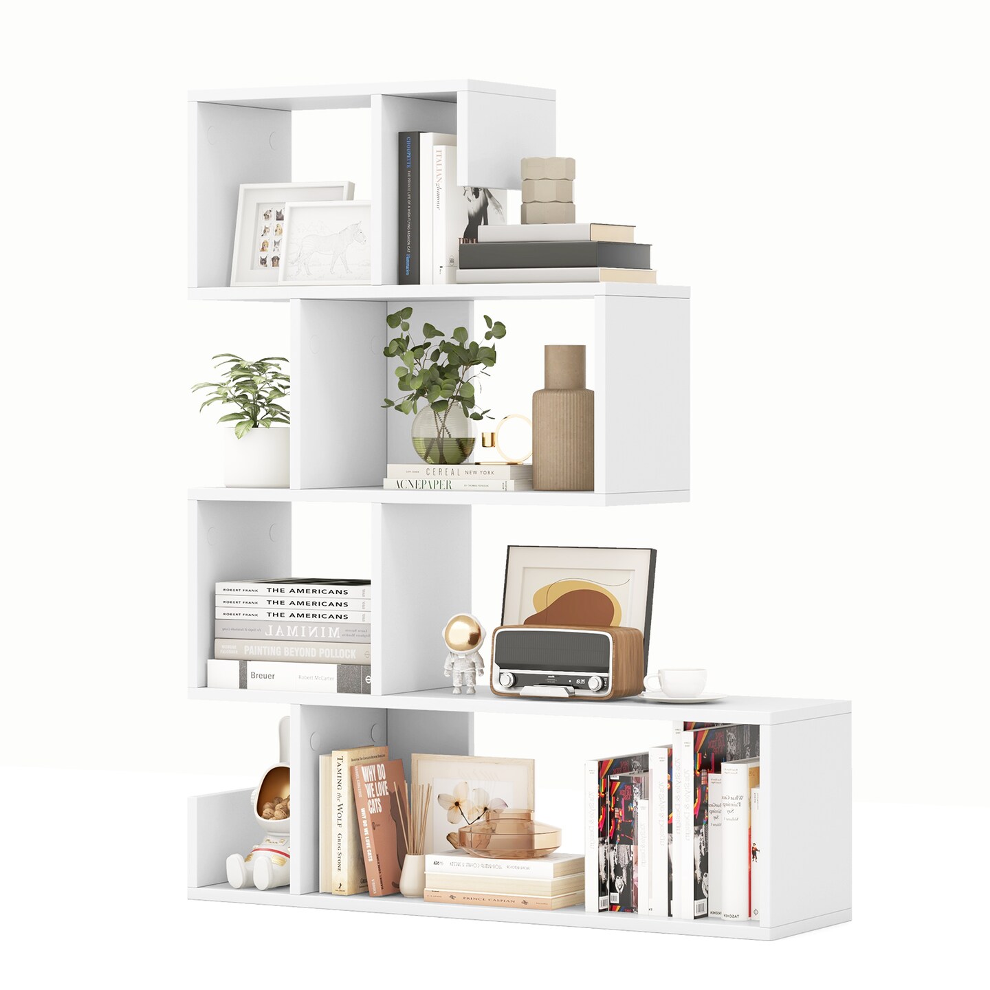 5-Tier Slim Vertical White Bookshelf with S-Shape Design and Multiple Open Storage Cube Compartments