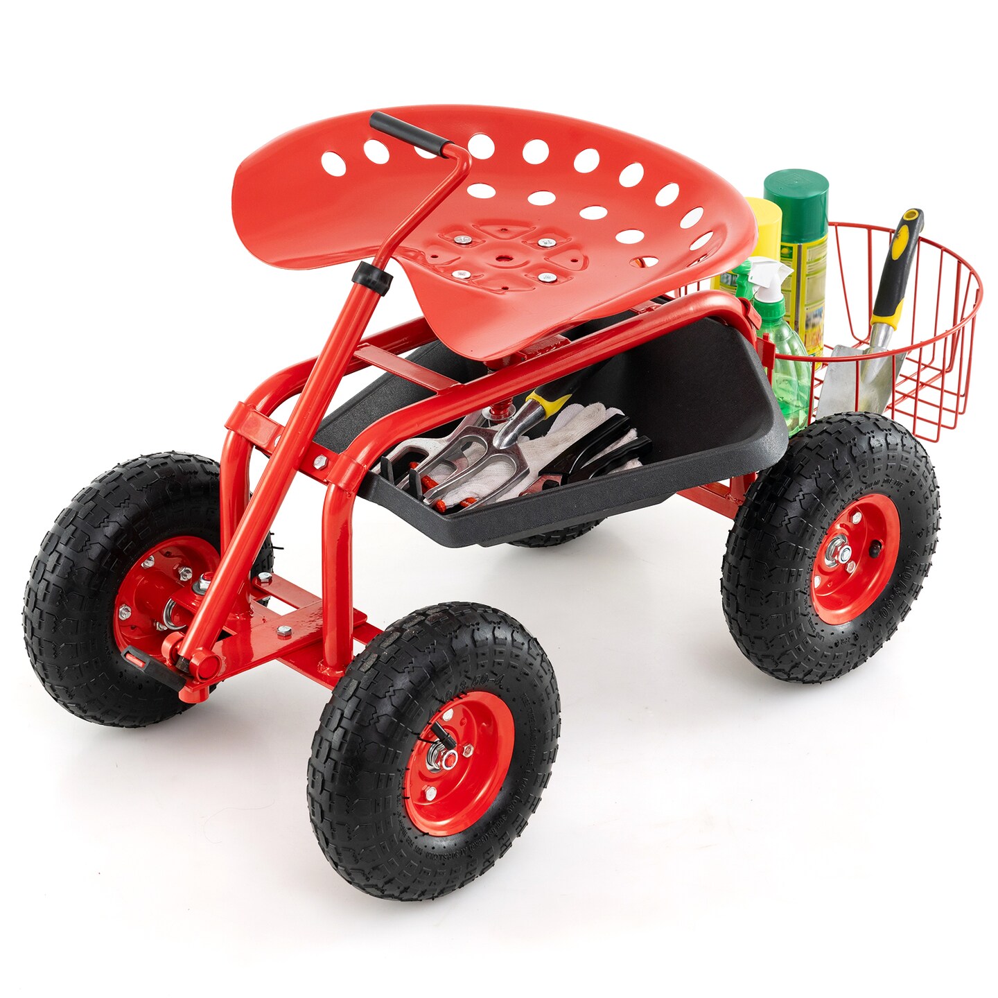 Outdoor Garden Cart with Comfortable Ergonomic Seat and Extendable Handle Mesh Basket and Tool Storage