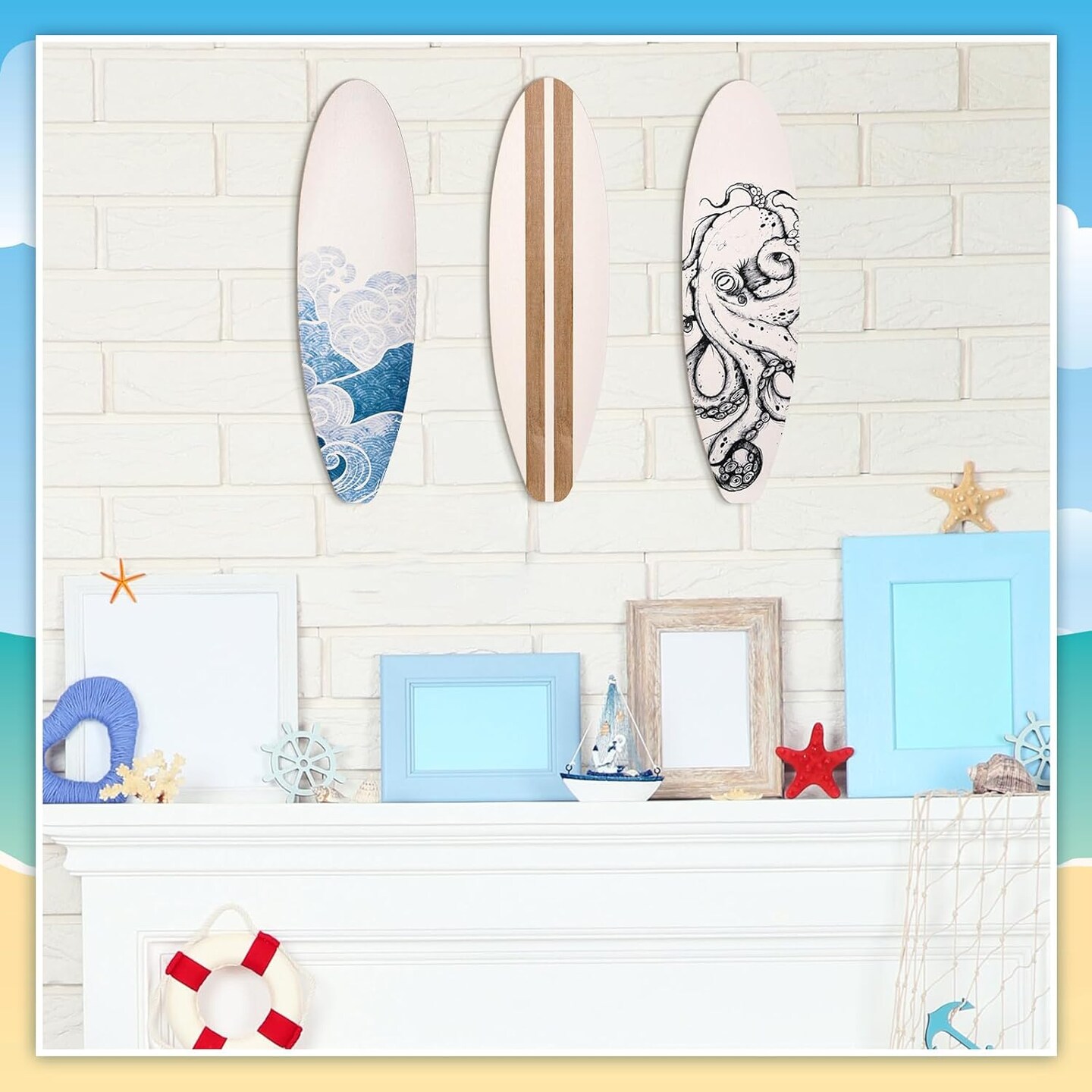3 Pieces Surfboard Wooden Beach Decor for Bedroom Surfboard Wall Decor Summer Wood Wall Hanging Sign for Tropical Bedroom Living Room Decoration (Ocean)