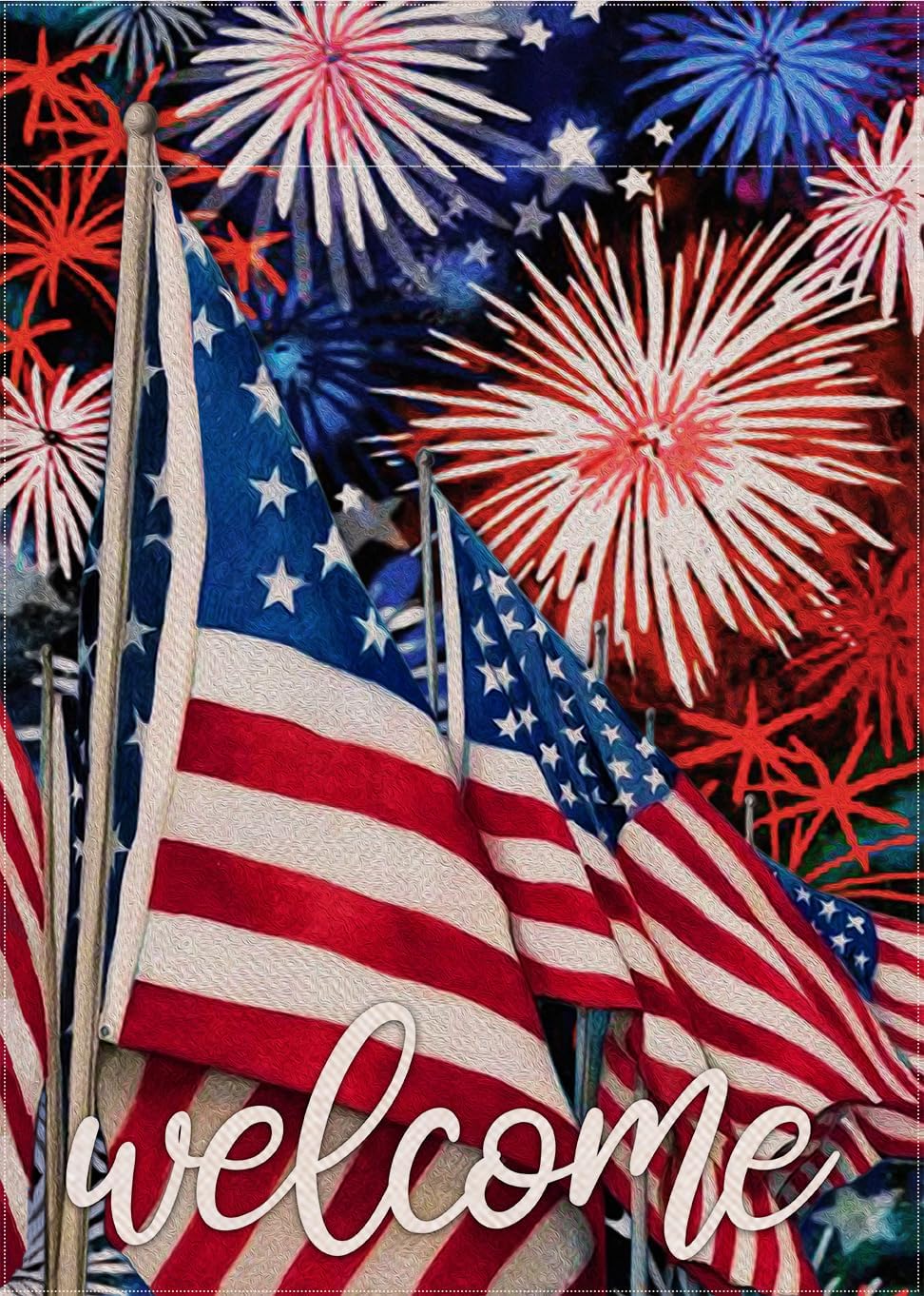 Welcome July 4th Fireworks American Patriotic Garden Flag, America Memorial Day Yard Decorative Red White Blue Star Stripes Home Outside Decoration, USA Outdoor Small Decor Double Sided 12x18