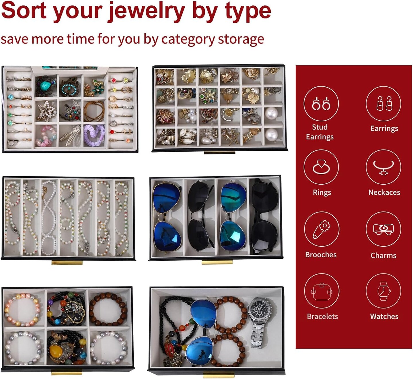 Jewelry Boxes for Women, White and Black 6 Layer Large Jewelry Box for Necklace, Bracelet, Earrings, Rings Storage, Jewelry holder Organizer for Girls Gift (Clear Black, 6 layer)