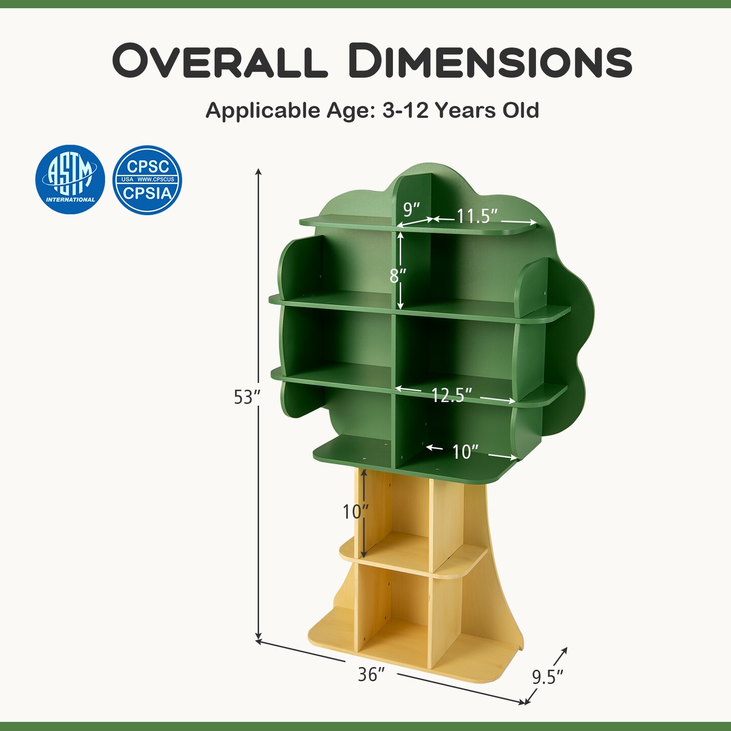 53" Tall Green Wooden Tree Bookshelf for Kids with 6 Open Storage Shelves for Toys and Learning
