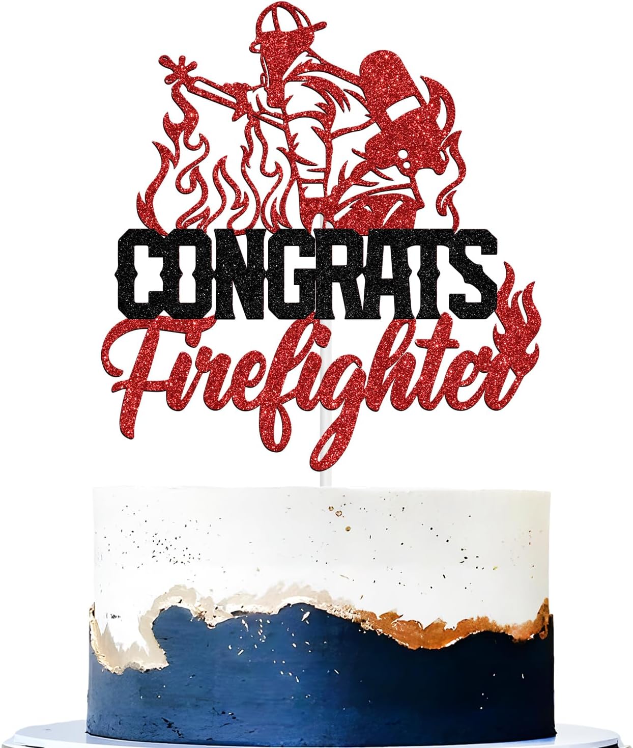 Congrats Firefighter Cake Topper, Class of 2025/Congrats Grad, Fire Department Graduation Party Decoration Supplies for Fireman, Black and Red Glitter