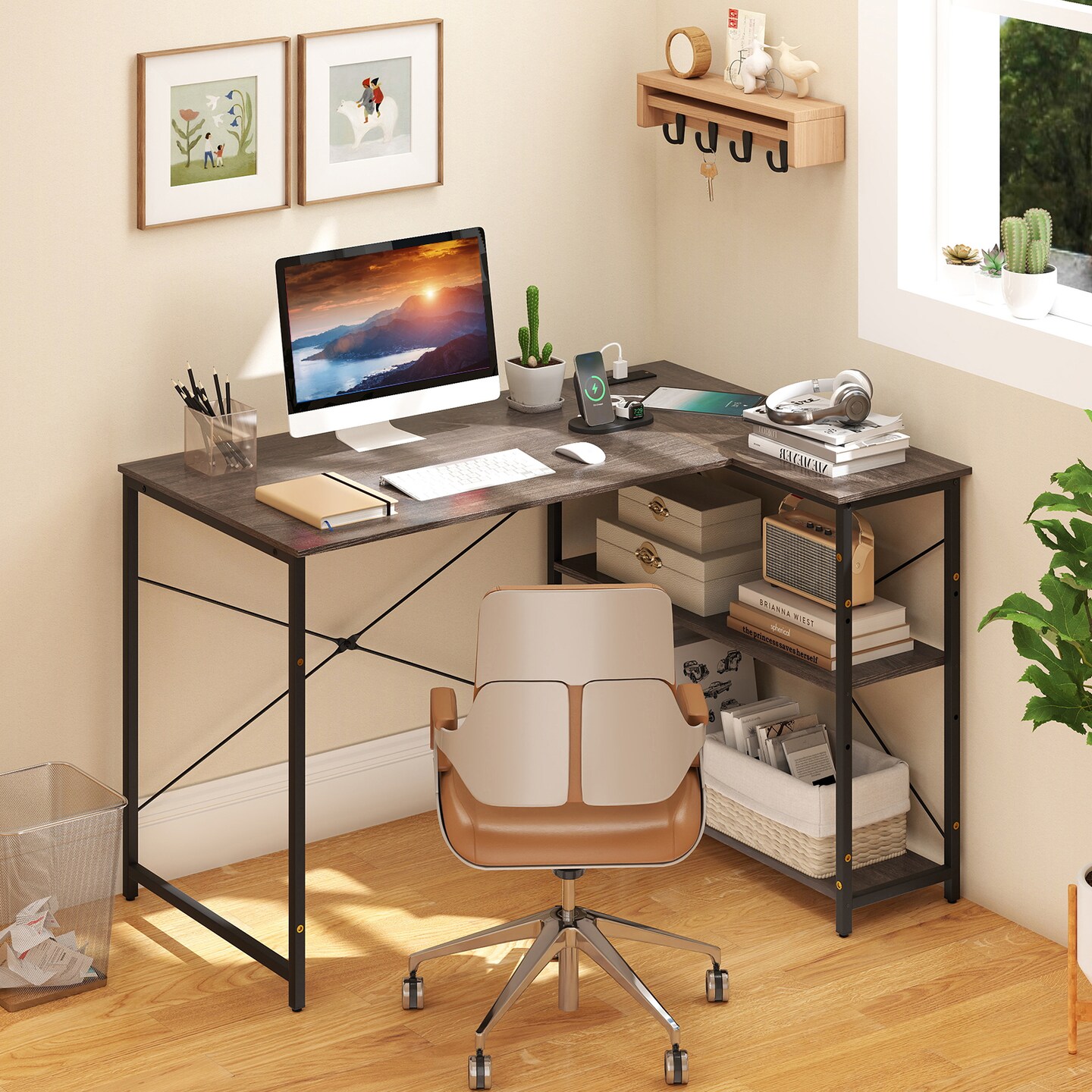 47 Inch L Shaped Computer Desk with Charging Station and Corner Storage Shelves