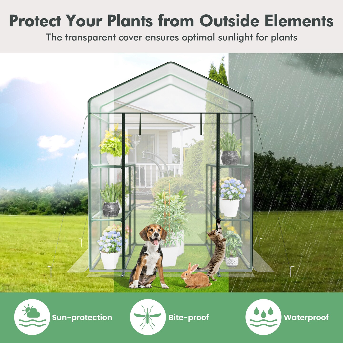 3-Tier Walk-In Greenhouse with Metal Frame Transparent Cover and Wind Ropes for Plant Growing