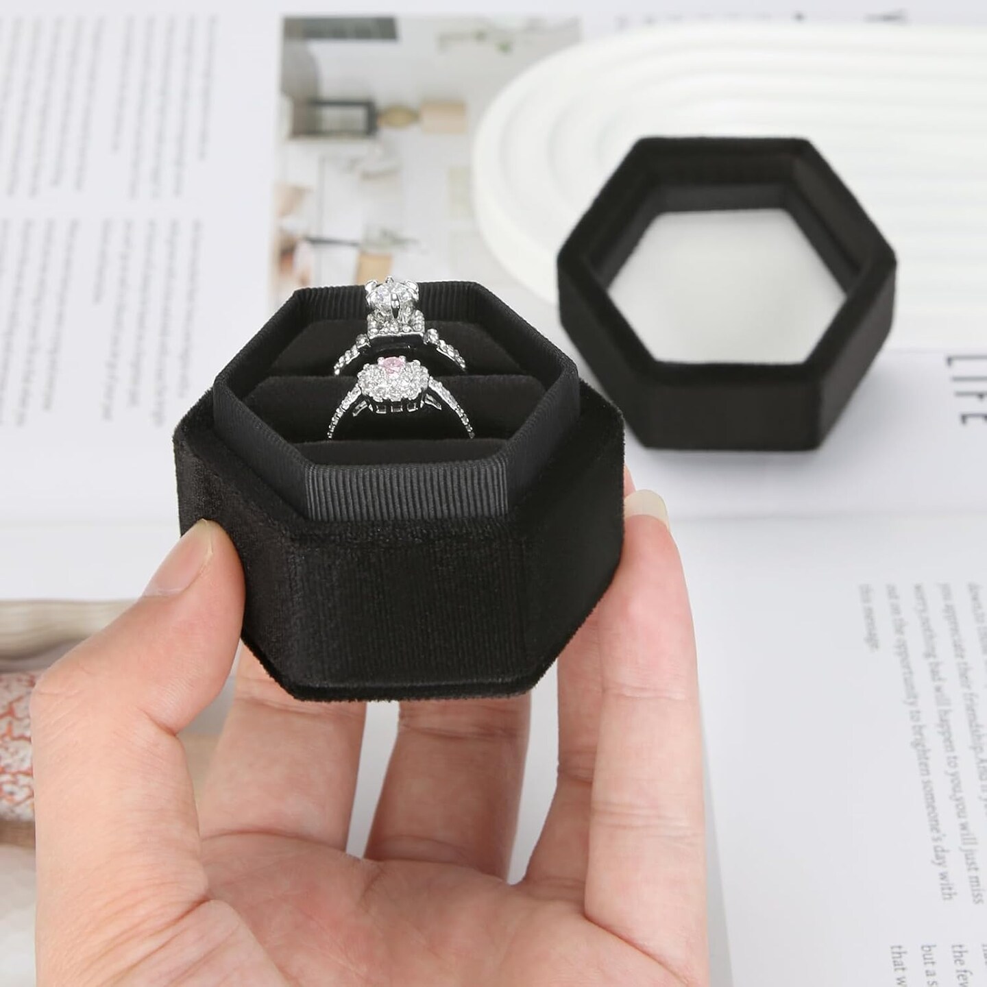 Velvet Wedding Ring Box 1 2 3 Slots, Ring Box Jewelry Storage Case for Wedding Day Engagement Proposal Ceremony (Black, 2 SLOTS)