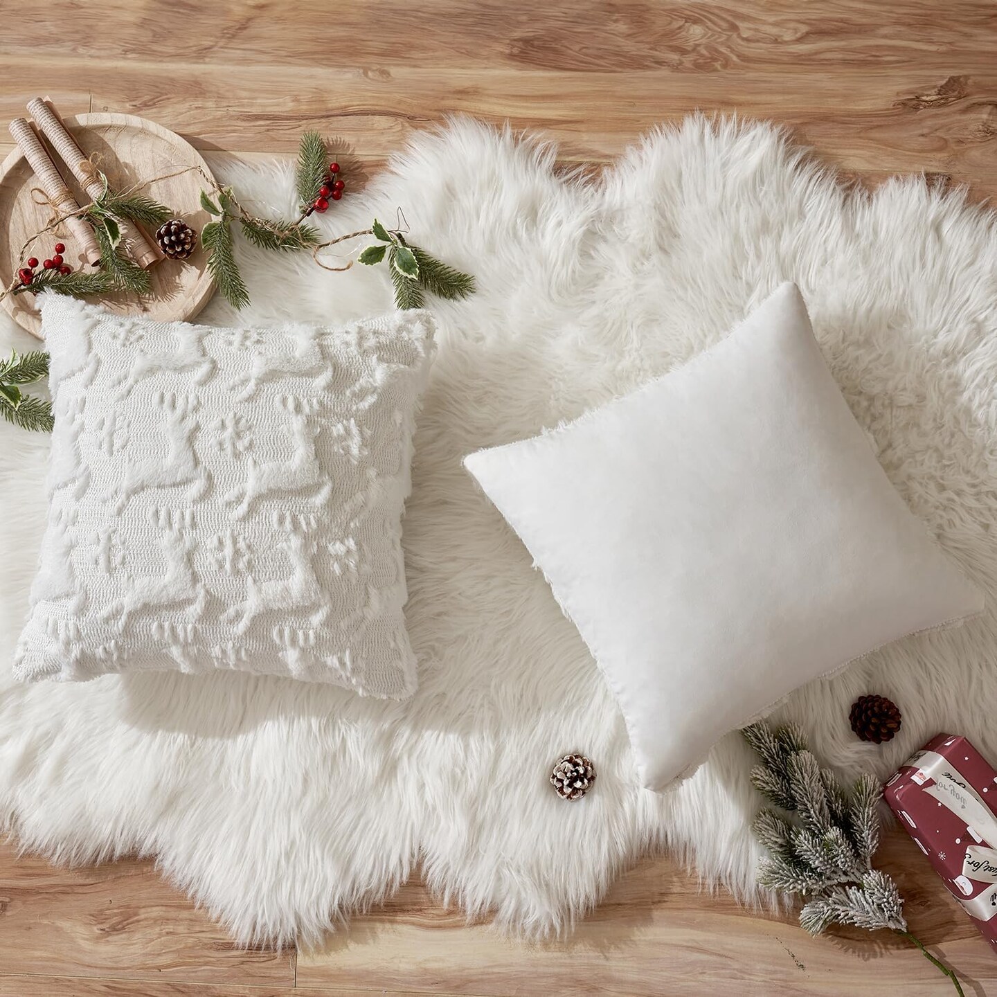 Christmas Reindeer and Snowflakes Pillow Covers 18x18 Inch Pure White Throw Pillows Set of 2 Decorative Soft Fluffy Winter Pillow Covers for Home Decors Couch Sofa Livingroom Bed