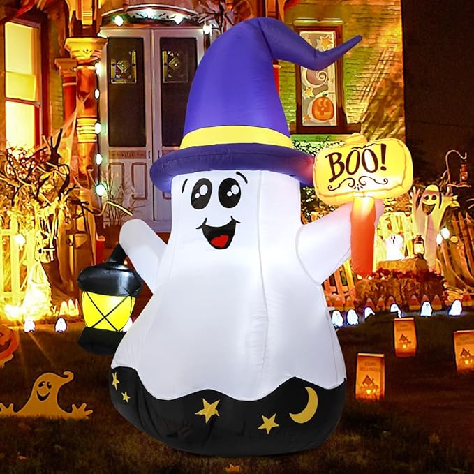 GOOSH 5 FT Halloween Inflatables Cute Wizard Ghost with Hand-Held Light and Built-in LEDs