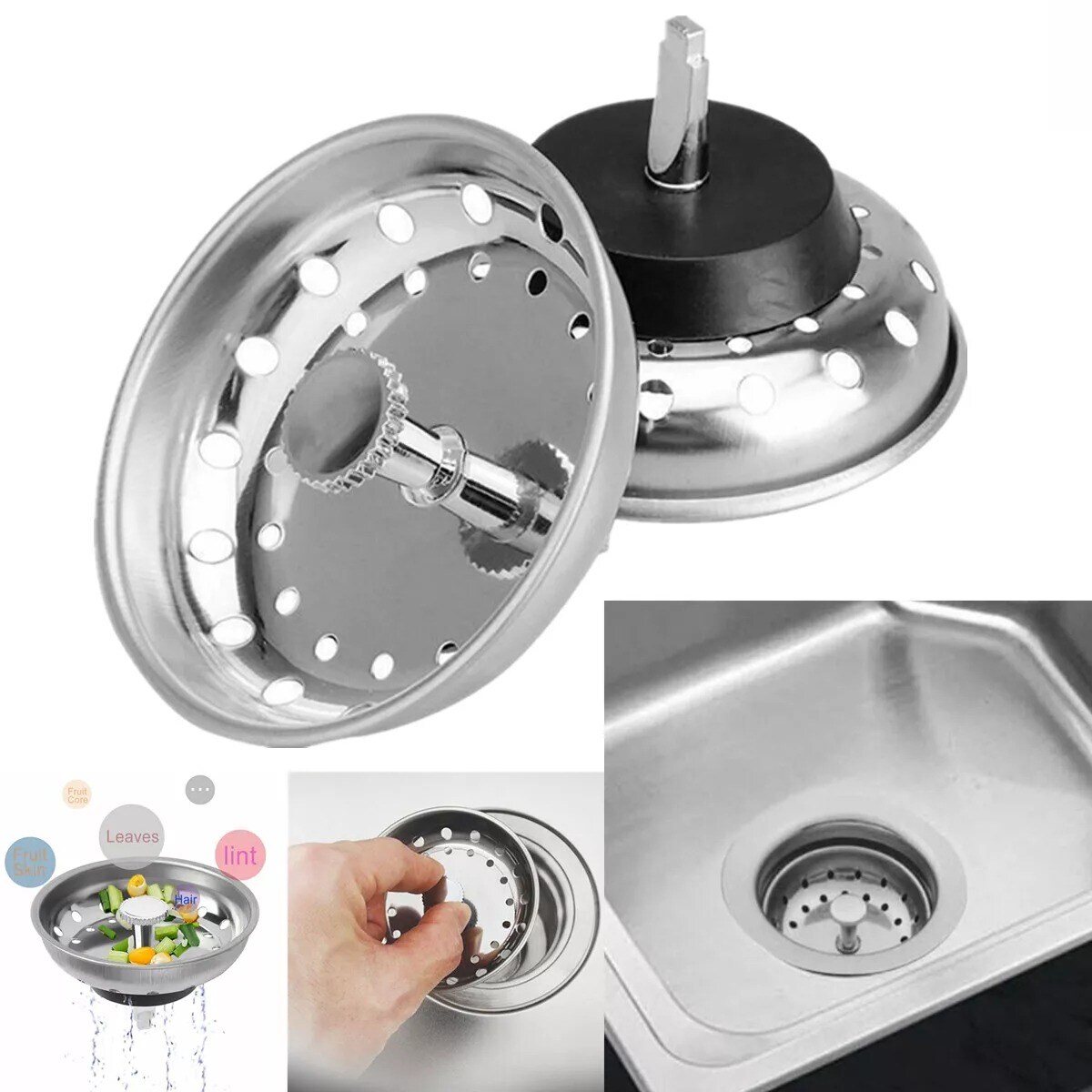 2 Pack Kitchen Sink Drain Stopper Basket Strainer Stainless Steel Plug