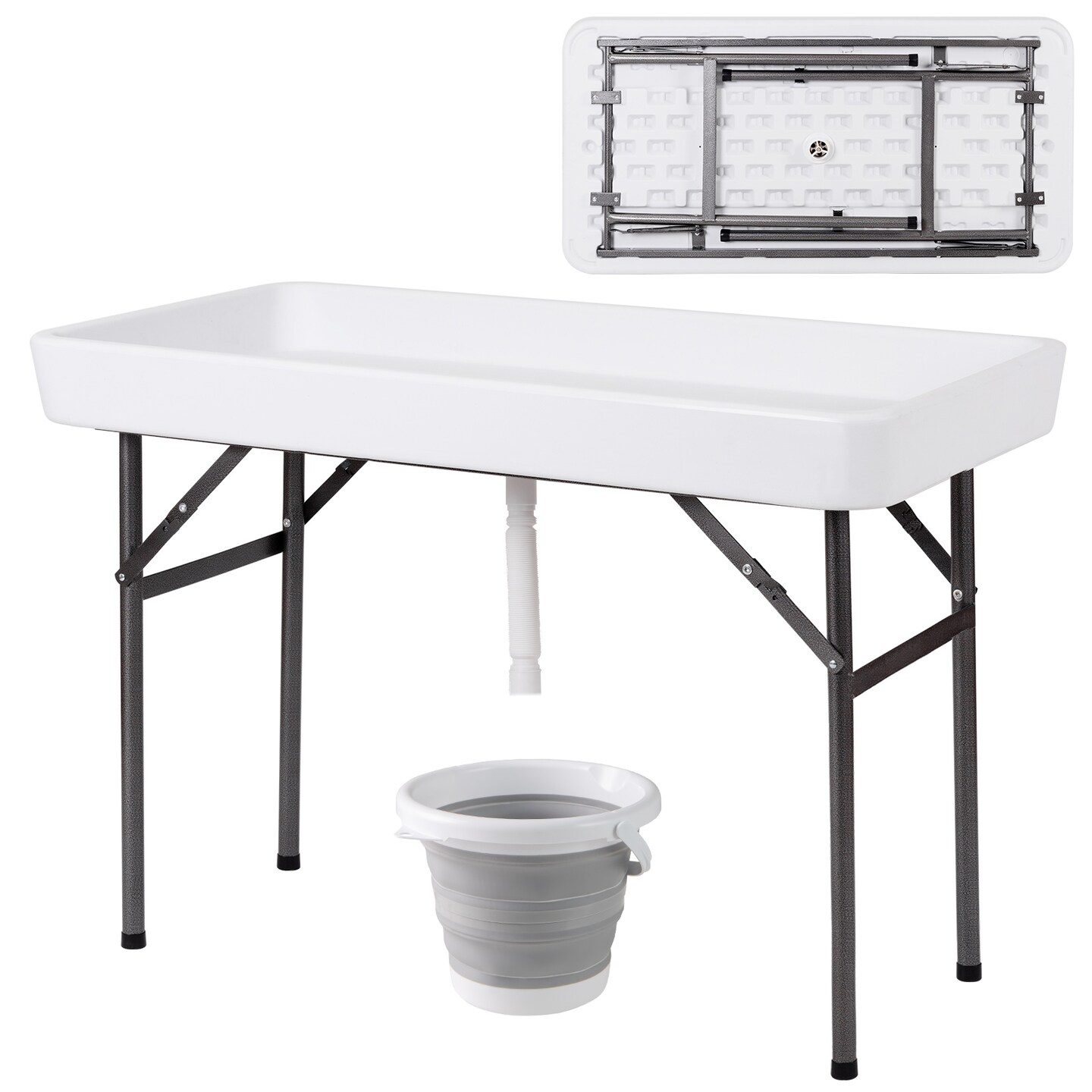 White HDPE Folding Ice Cooler Table with Metal Legs and Drain Hose
