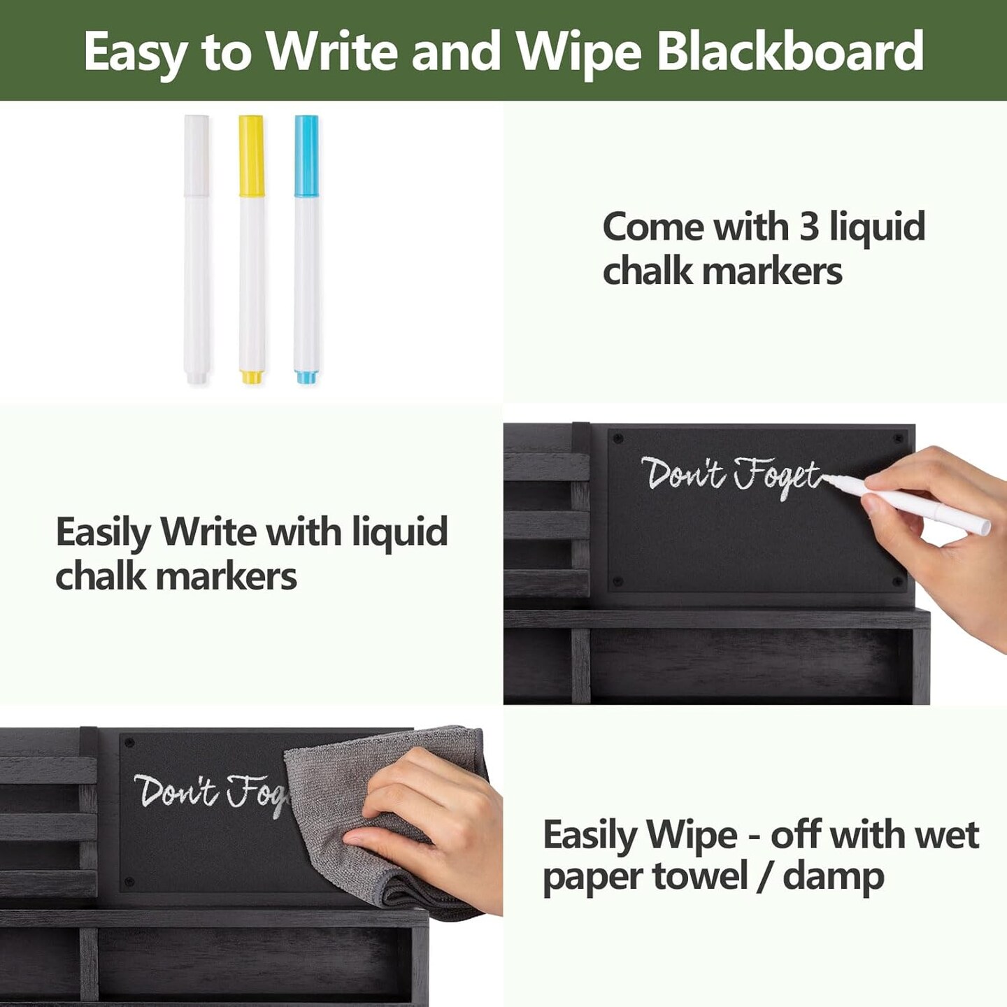 Wall-Mounted Key and Mail Organizer with Shelf & Chalkboard – Rustic Paulownia Wood Entryway Storage with 4 Double Hooks, Mail Slot, and 3 Liquid Chalks (Black, 15.98”W x 9.1”H x 3.3”D)