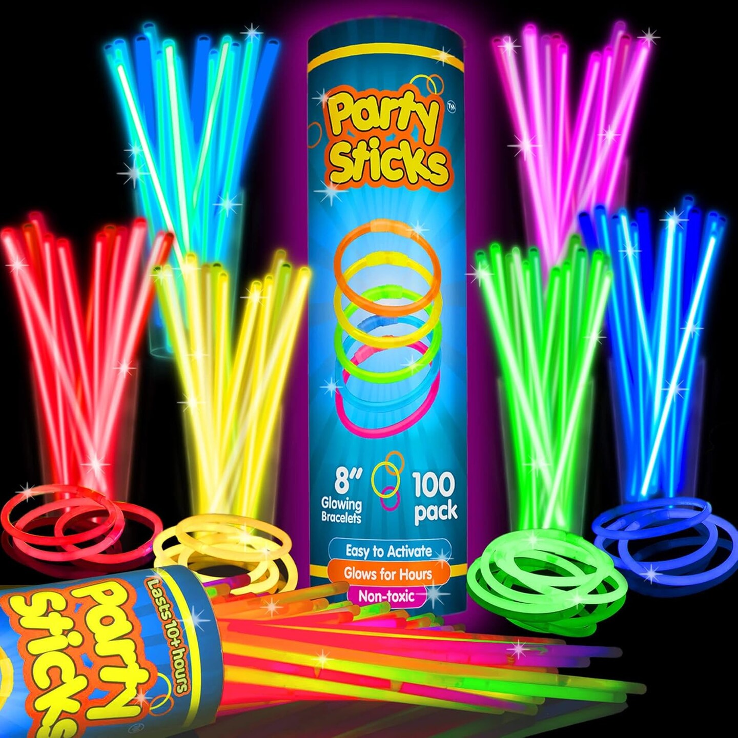 Glow Sticks Party Supplies 100pk - 8 Inch Glow in the Dark Light Up Sticks Party Favors, Glow Decorations, Neon Party Glow Necklaces and Glow Bracelets with Connectors