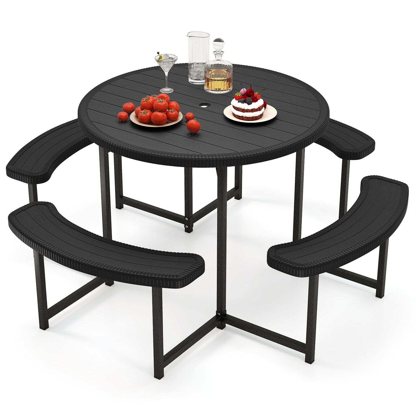 Patio Picnic Table Bench Set with 4 Seats and Umbrella Hole for Outdoor Dining