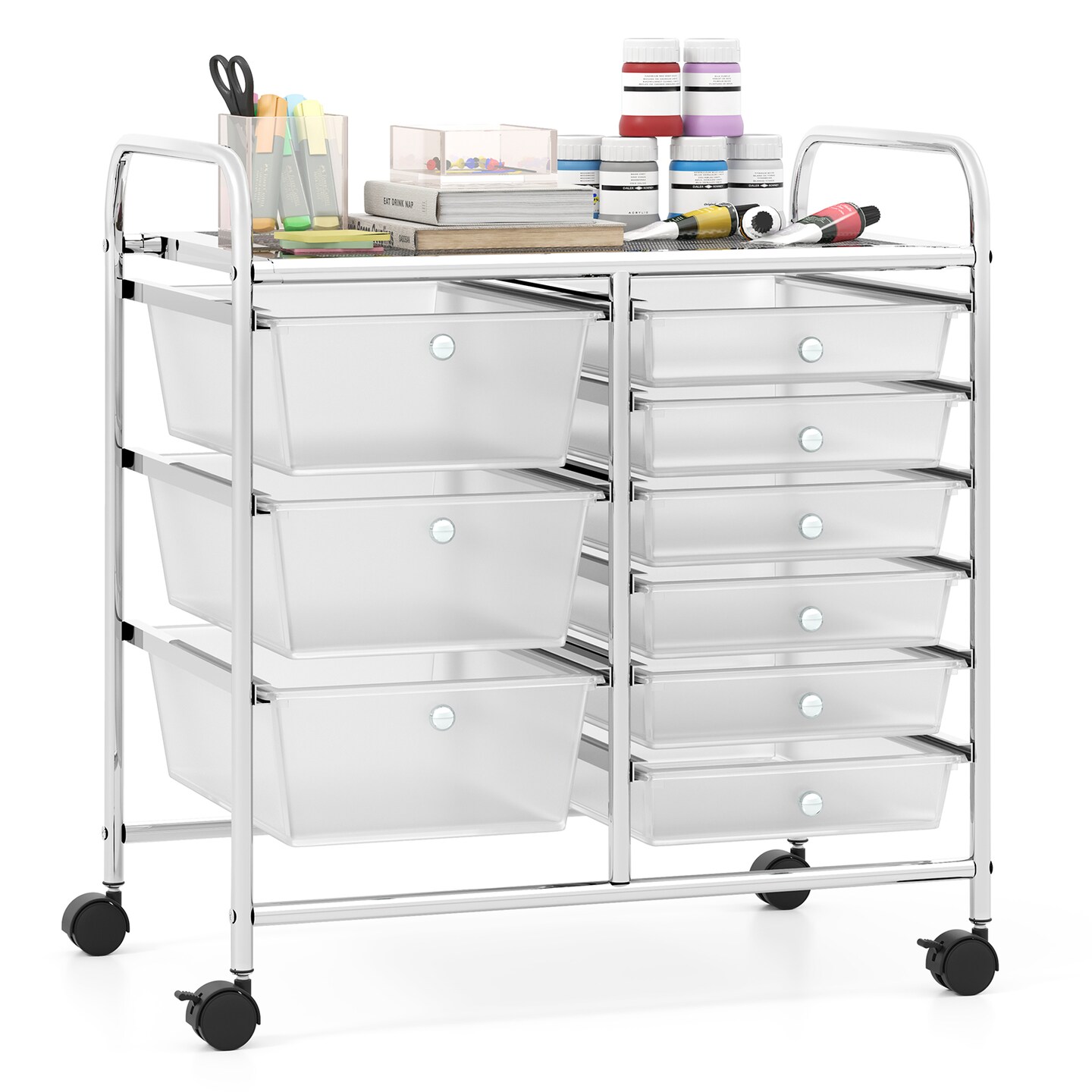 9-Drawer Rolling Storage Cart with Metal Frame and Locking Wheels for Office and Craft Use