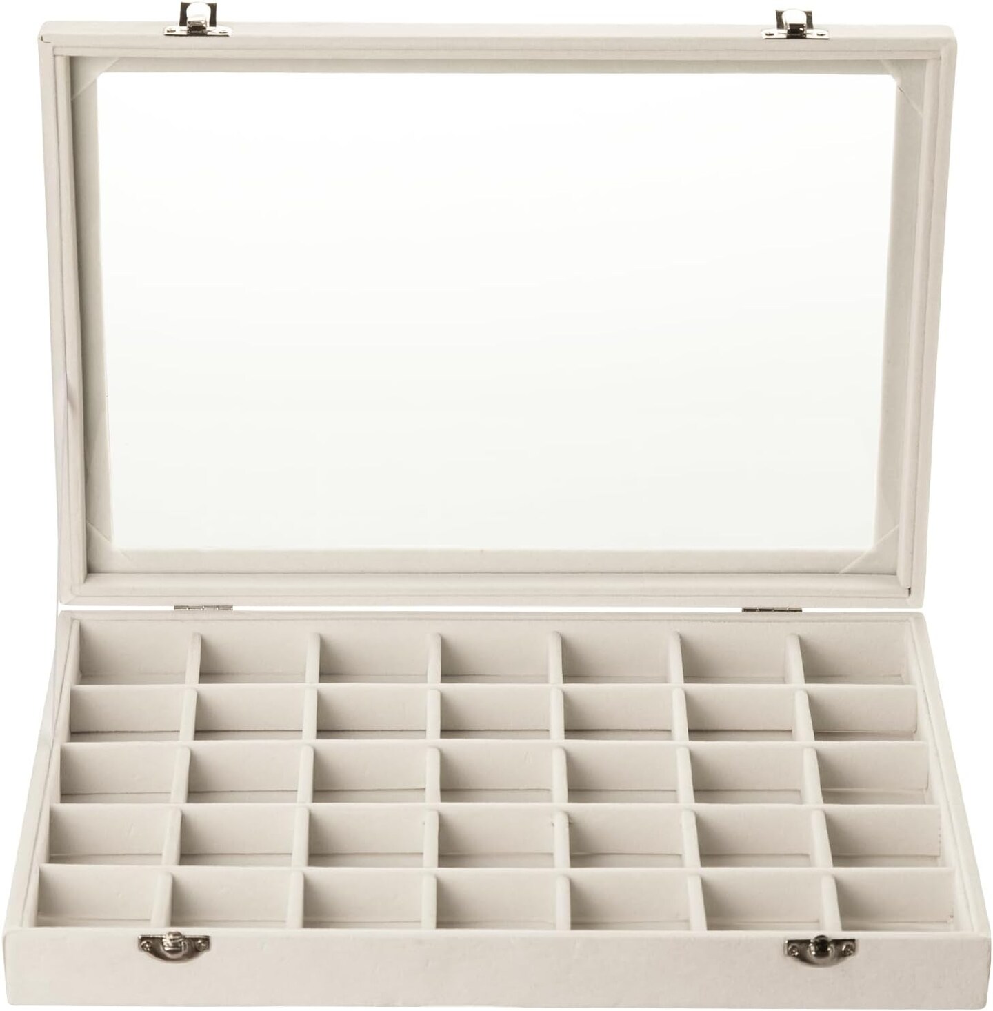Velvet Jewelry Tray,35 Grid Jewelry Organizer with Clear Lid,Earring Holder Organizer Case with Clasp,Drawer Insert for Rings Studs,13.8 x 9.5 x 2 Inches,Gift for Women Girls(Beige)