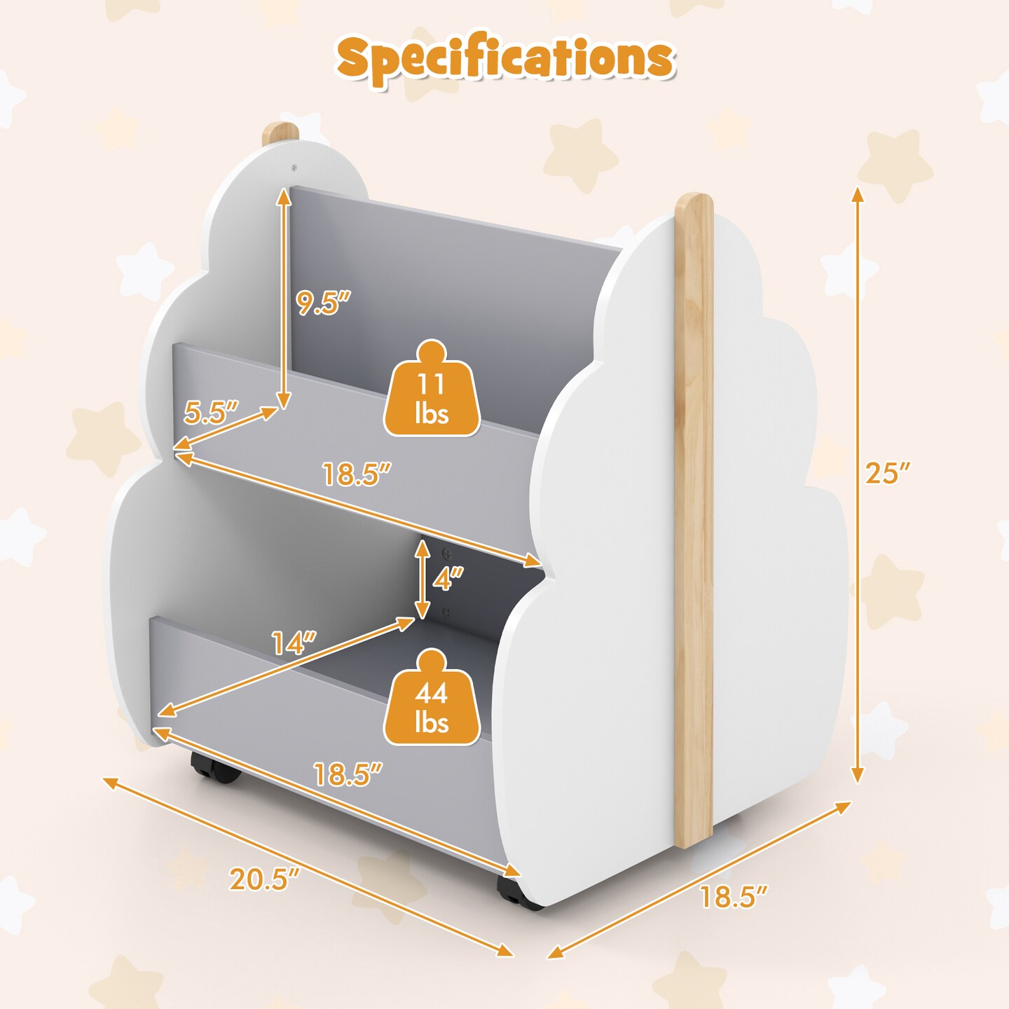 Kids Tree Bookshelf with Wheels Double Sided Storage for Nursery Room