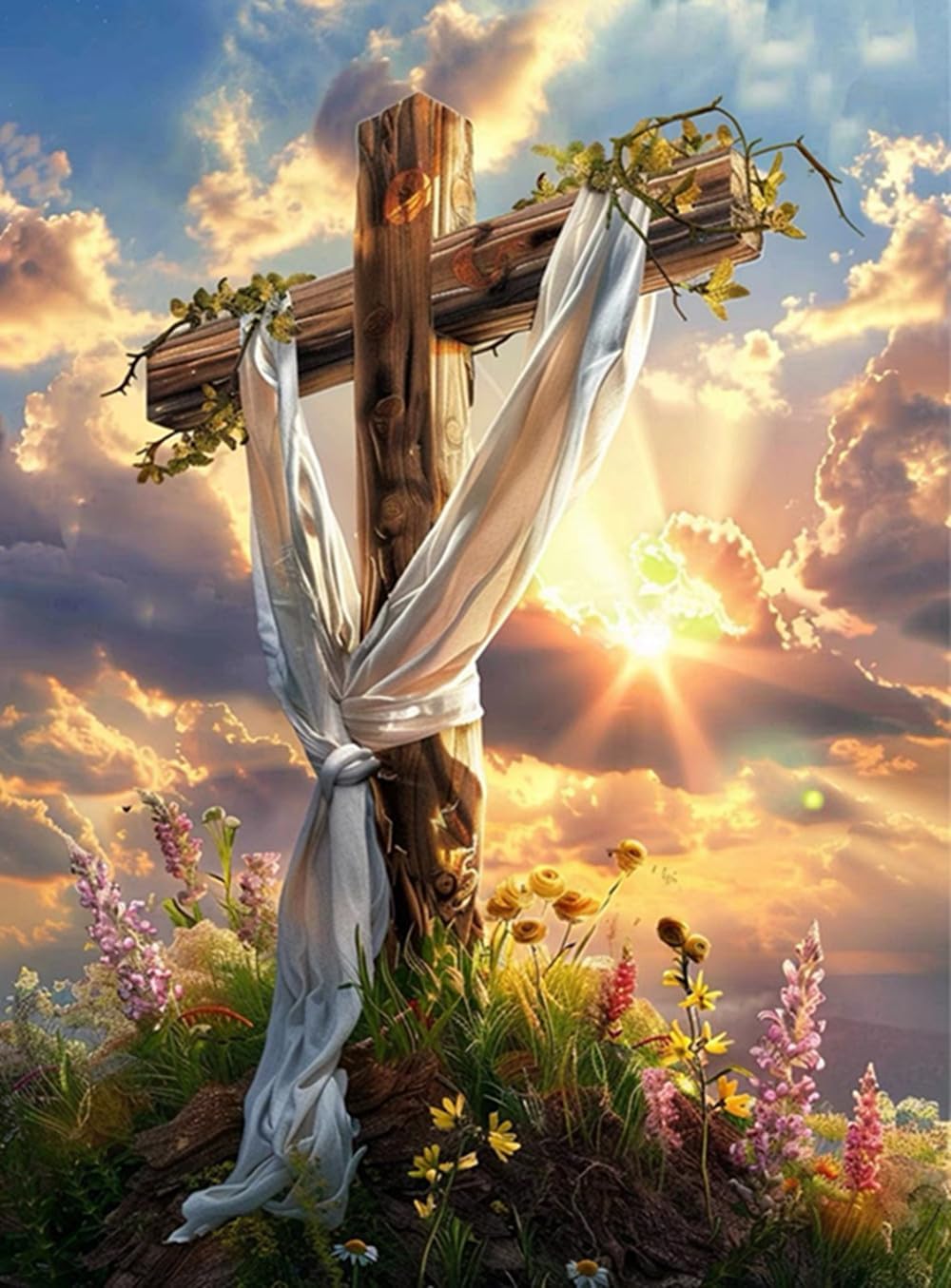 Sky Cross Diamond Painting by Numbers, 5D Full Round Drill God Cross Diamond Painting Cross Stitch Kit, Prayer Cross Diamond Painting Kits for Adult Home Wall Art Decor (30X40 CM)