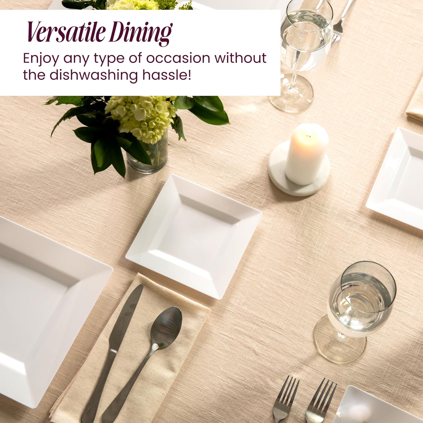 60ct White Square Disposable Plates - Heavy Duty Plastic Party Plates for Christmas, Thanksgiving (30 Dinner &#x26; 30 Salad)