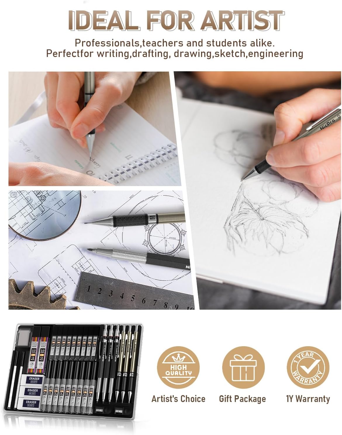 35PCS Art Mechanical Pencil Set, 3 PCS Metal Drafting Pencil 0.5 mm &#x26; 0.7 mm &#x26; 0.9 mm &#x26; 3 PCS 2mm Lead Holder (6B 4B 2B HB 2H 4H Colors) For Sketching Drawing With 20 Tube Lead Refills Case