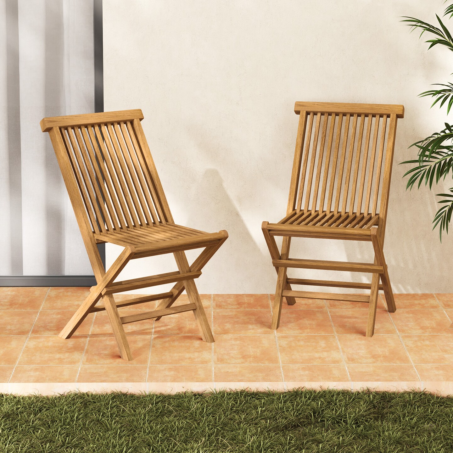 Set of 2 Space-Saving Outdoor Folding Teak Wood Chair with Breathable Slatted Seat and High Back