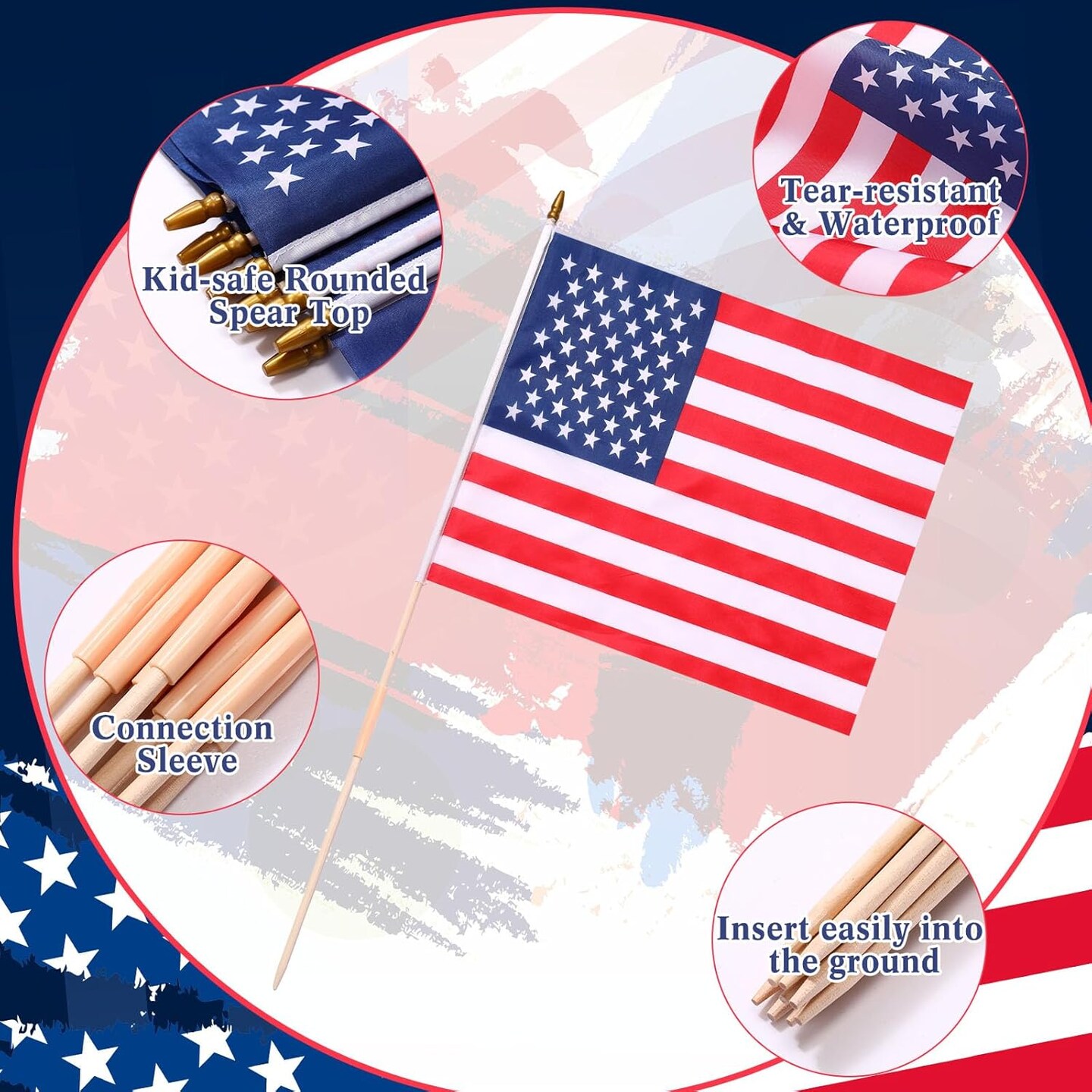 24 Pack 18 x 12 Inch American Flags on Stick, Handheld USA Flags with Spear Top, Ground Wood Flagpole Pluggable Hand Held Stick Flags for Memorial Day Parades Veteran Party Decorations