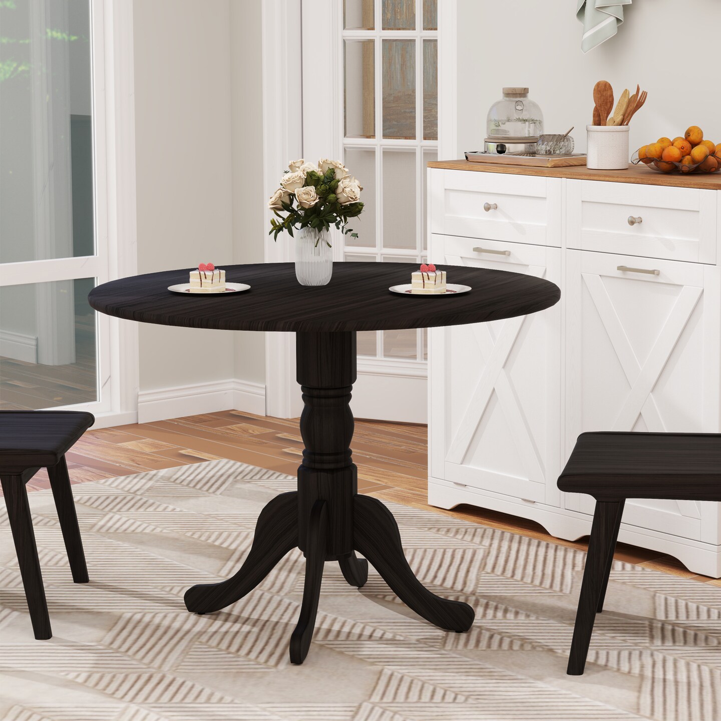 Wooden Dining Table with Round Top and Trestle Legs for Kitchen or Living Room