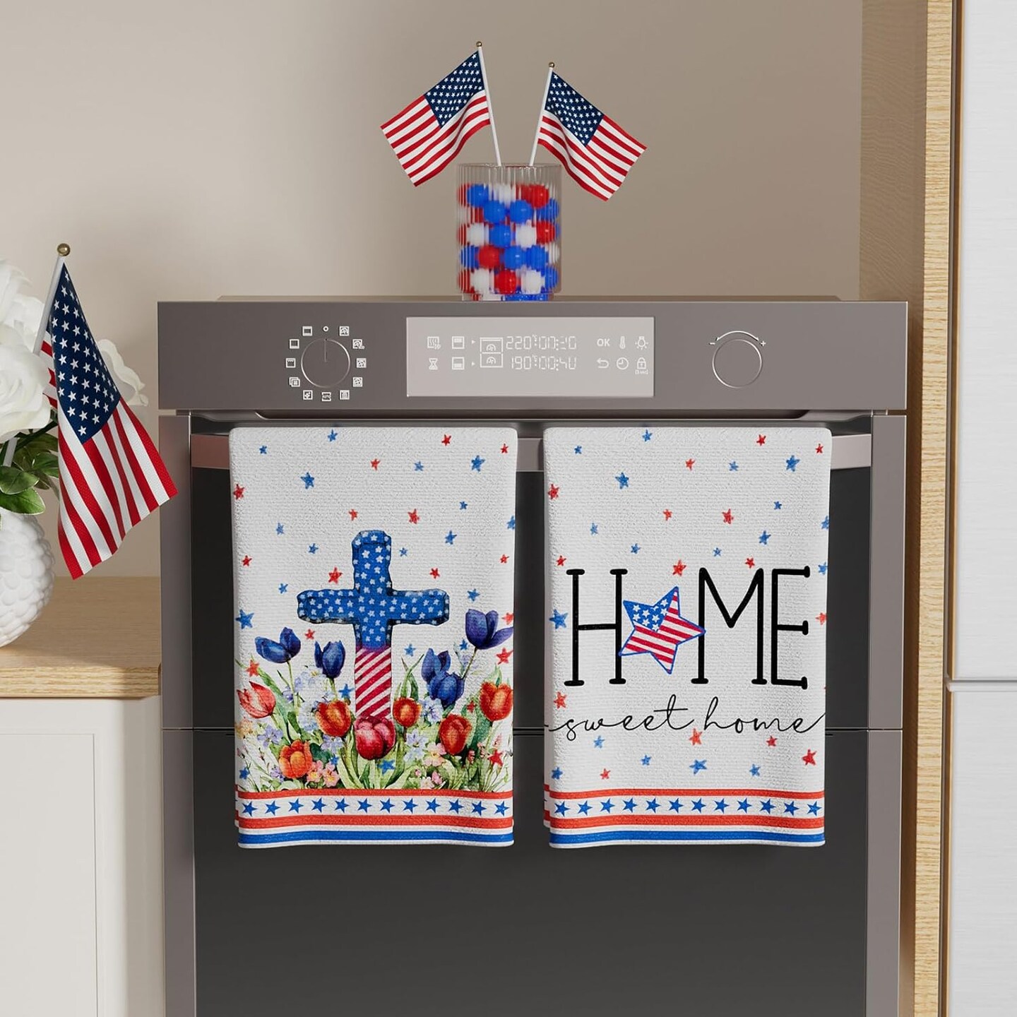 Sweet Home Watercolor Colorful Tulips Flowers America Stars Patriotic 4th of July Memorial Day Independence Day Kitchen Towels Dish Towels 18x26 Inch Set of 2 Home Decorations Hand Towels