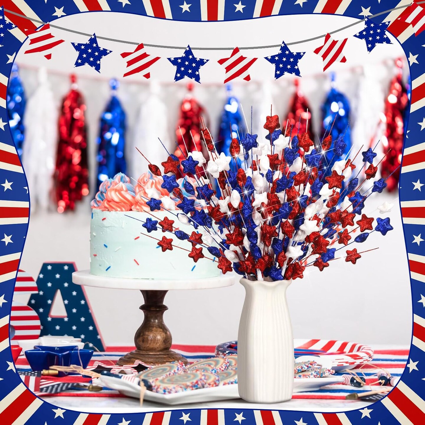 6 Pack Patriotic Artificial Stem Picks 4th of July Artificial Flowers Red White and Blue Picks Patriotic Pentagram Faux Branches Independence Day Memorial Day Table Centerpieces Decor