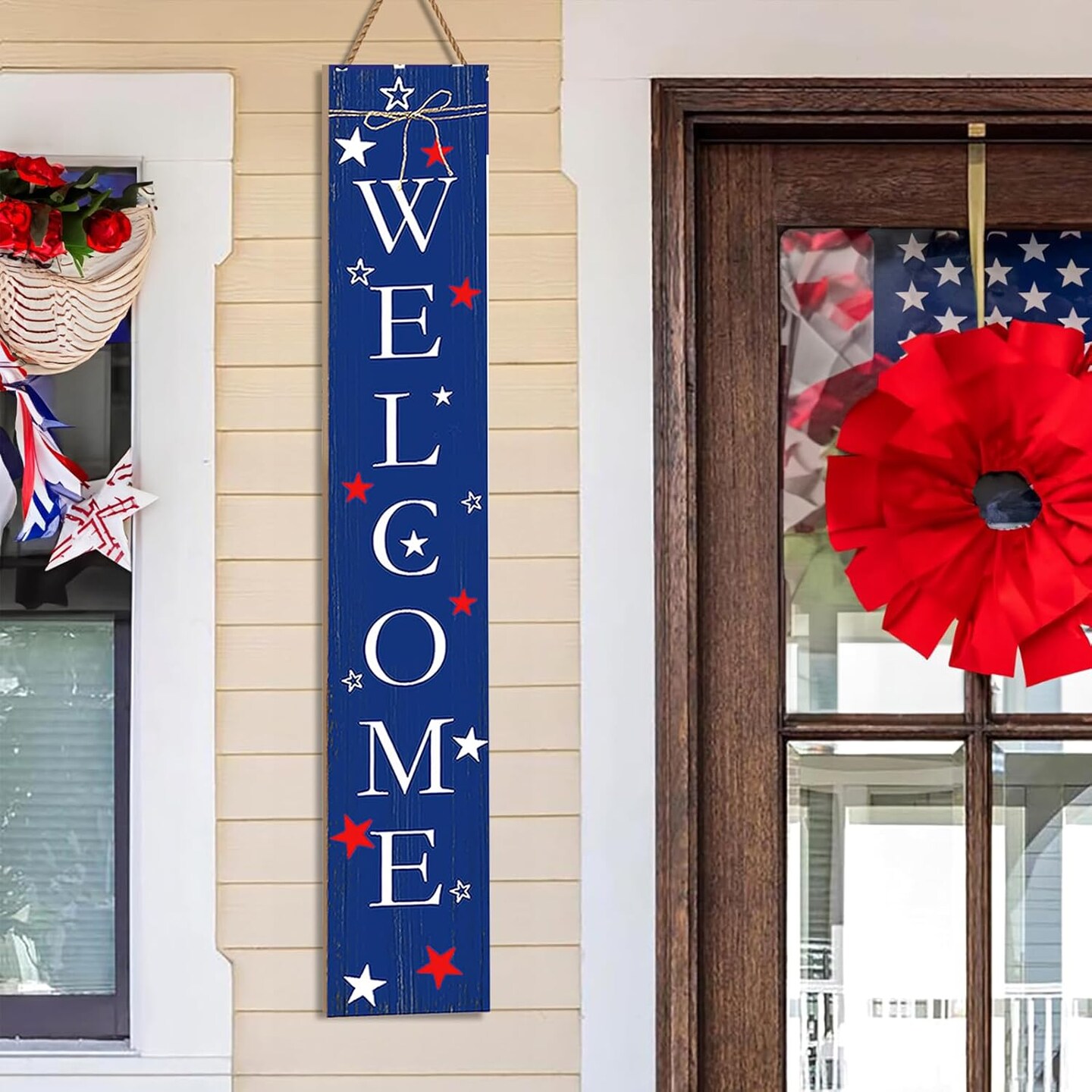 Memorial Day Decor Welcome Sign for Front Porch, American Flag Welcome Door Sign For Patio, 4th of July Vertical Yard Sign