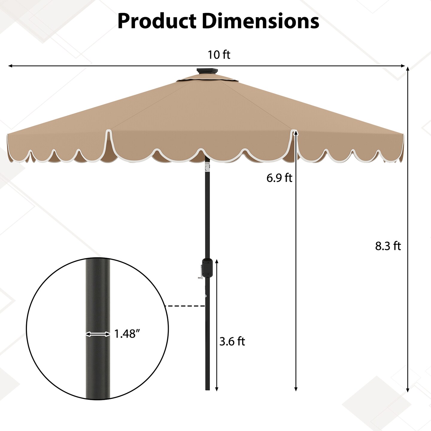 Polyester Auto-Tilt Solar Patio Umbrella with LED Lights and 10x8.3 ft Shade